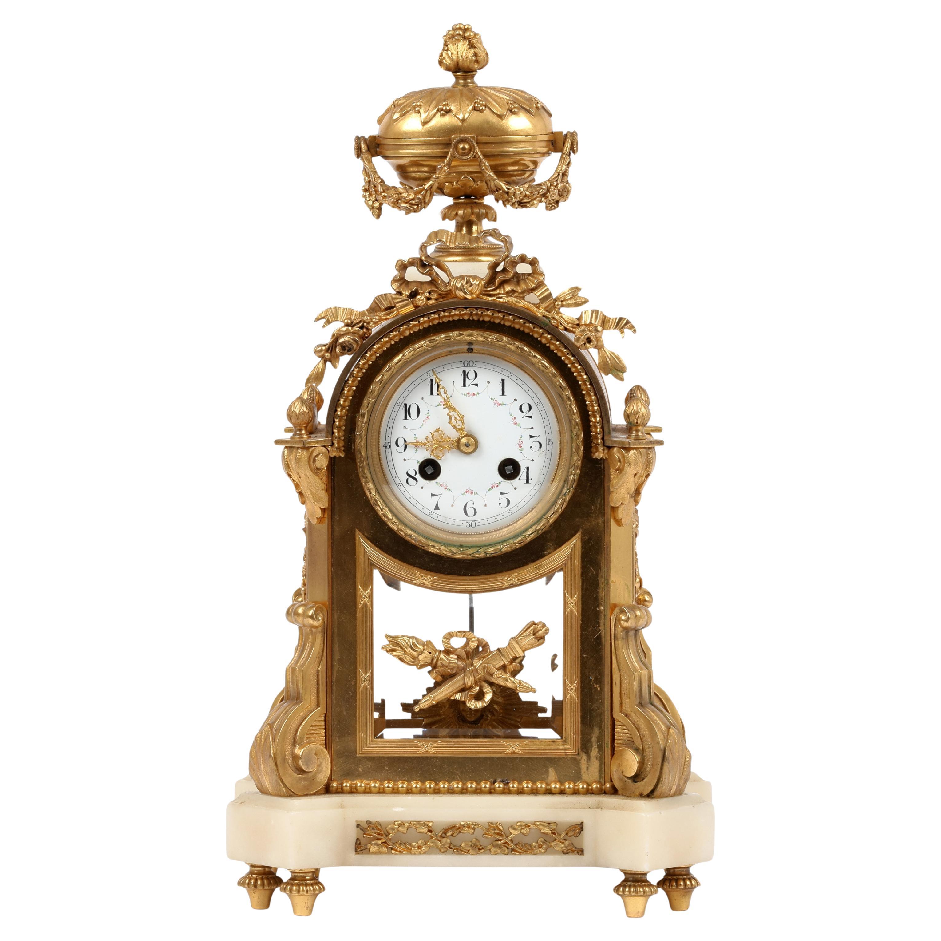 French White Marble and Ormolu Mantel Clock For Sale