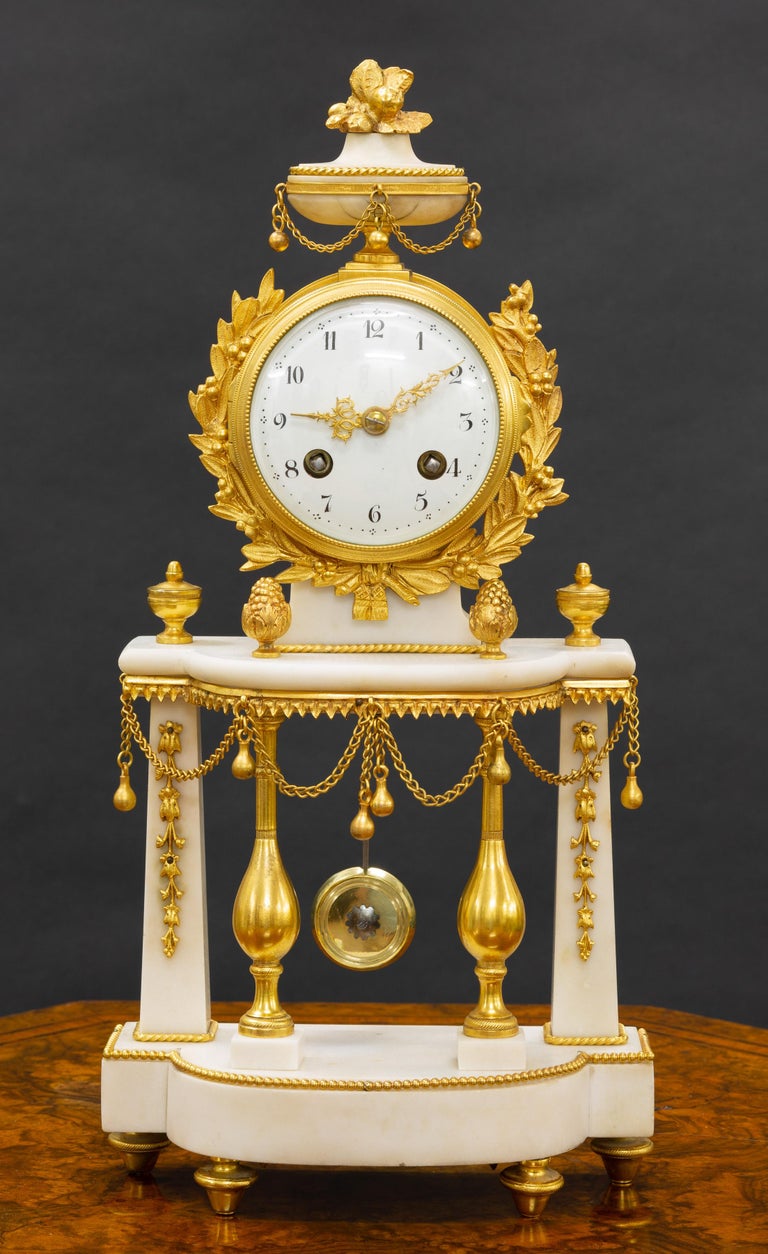 French White Marble and Ormolu Pillar Mantel Clock For Sale at 1stDibs
