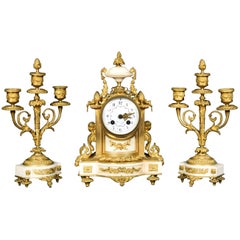 French White Marble Clock with Garnitures by H & F Paris