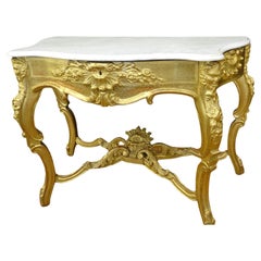 Antique French White Marble Gilded wood Console in carved and gilded wood Napoleon III