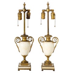 French White Marble & Gilt Metal Table Lamps, Pair