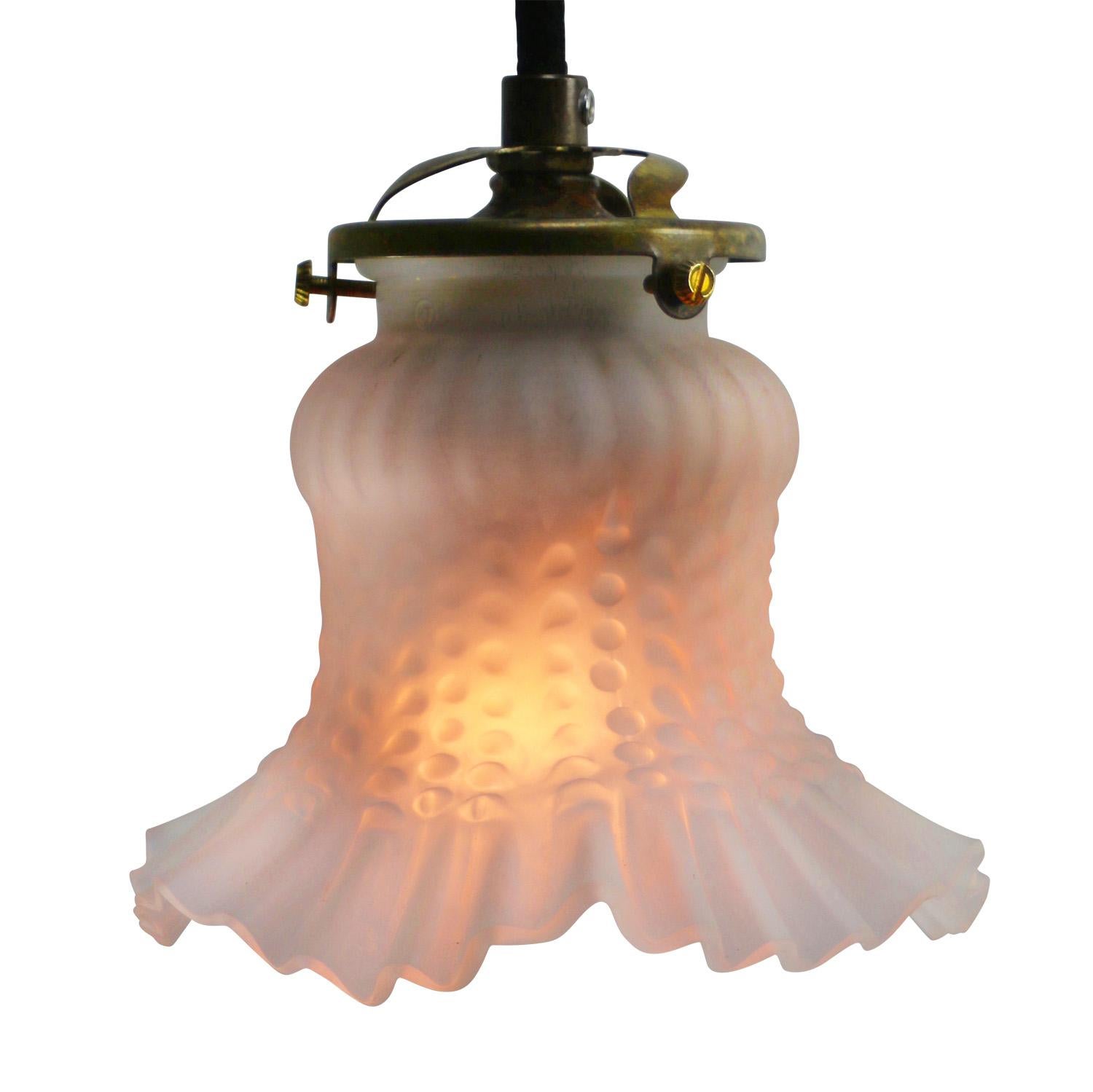 French frosted glass pendant lights
Brass top with 2 meter / 80 inches black cotton flex

More in stock 50x, small differences in the edges. Good to combine.

Weight 0.50 kg / 1.1 lb.

Priced per individual item. All lamps have been made suitable by