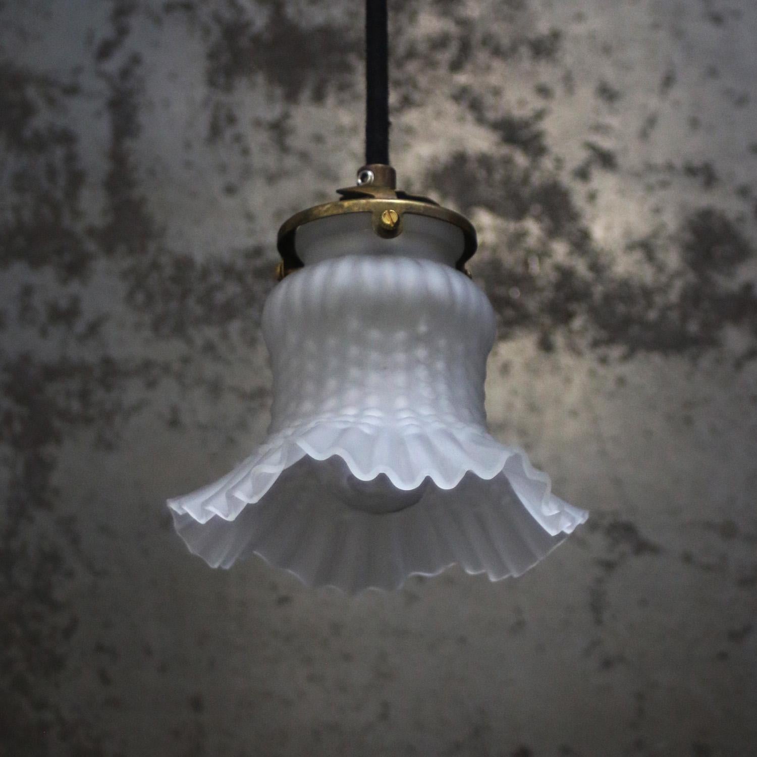Art Nouveau French White Mat Glass Brass Pendant Lights For Sale