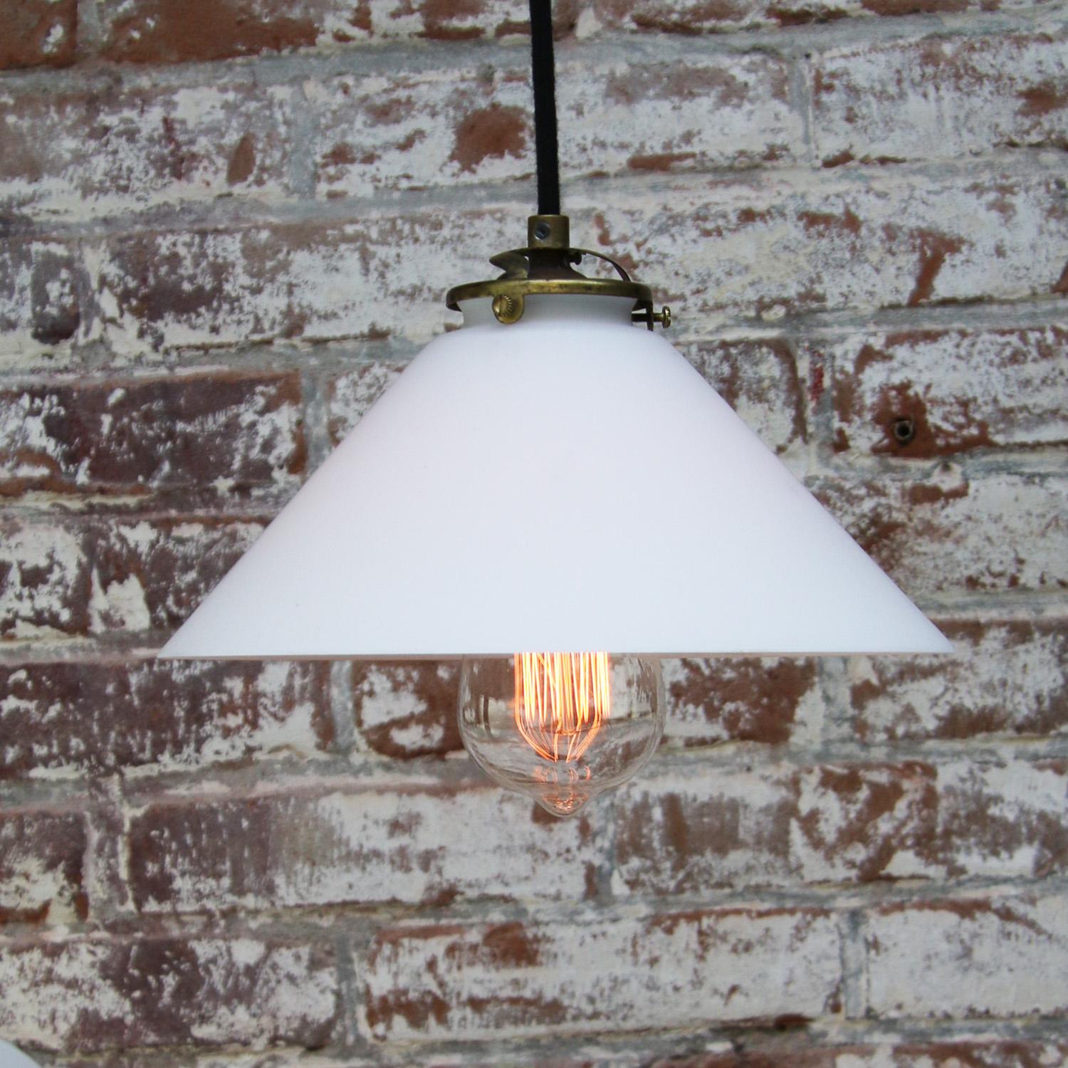 French White Mat Opaline Glass Brass Pendant Lights For Sale 1