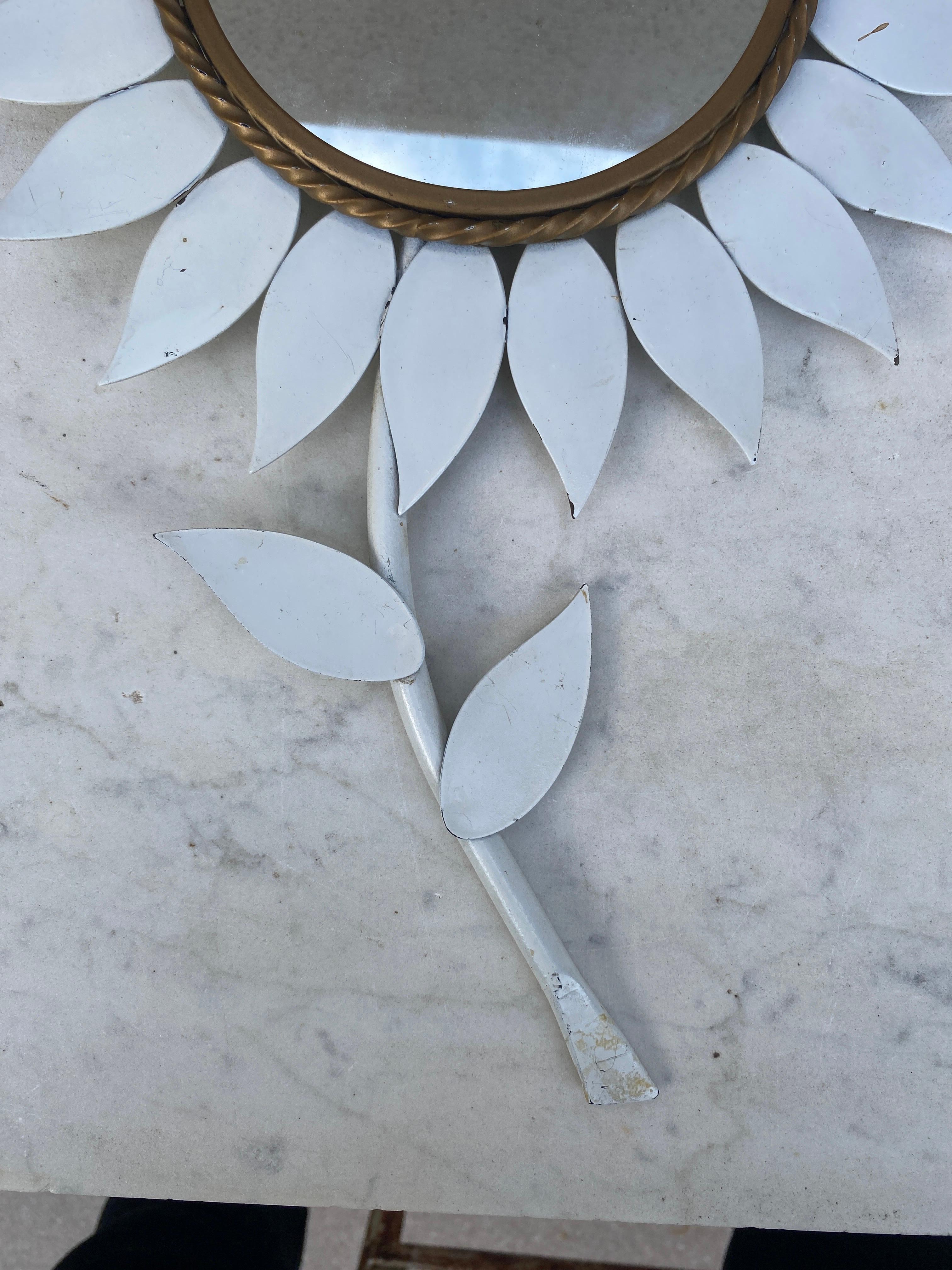 French White Metal Flower Mirror, circa 1960 In Good Condition For Sale In Austin, TX