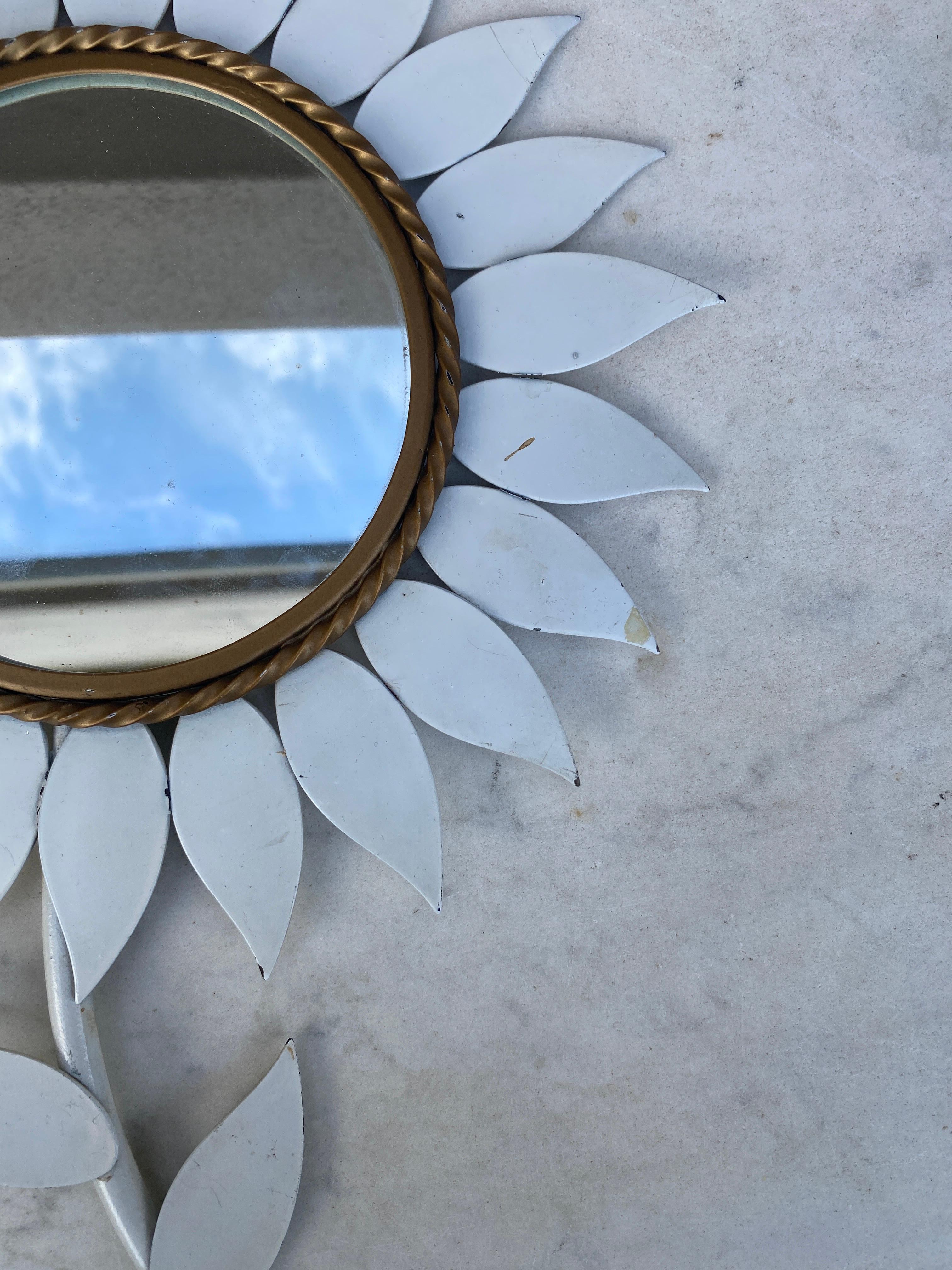 Mid-20th Century French White Metal Flower Mirror, circa 1960 For Sale