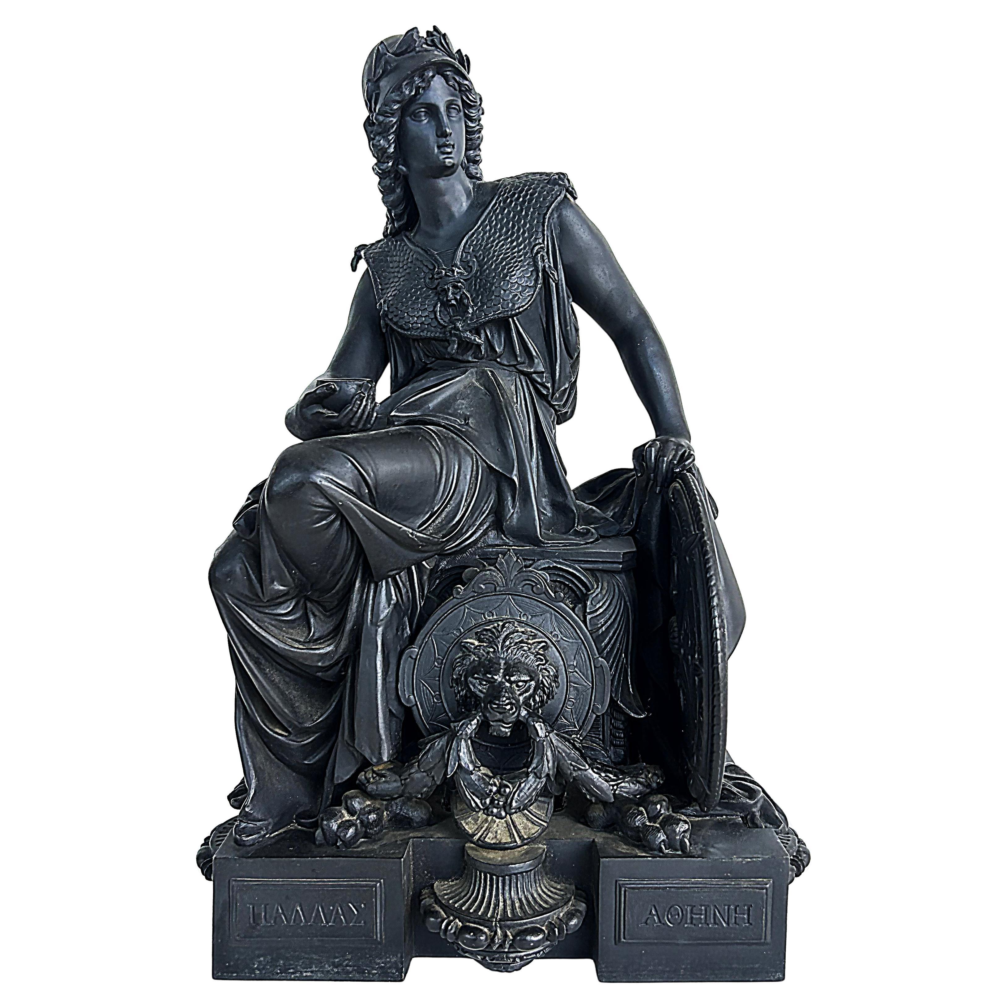 Scultura francese di Minerva, la dea romana della saggezza, in metallo bianco