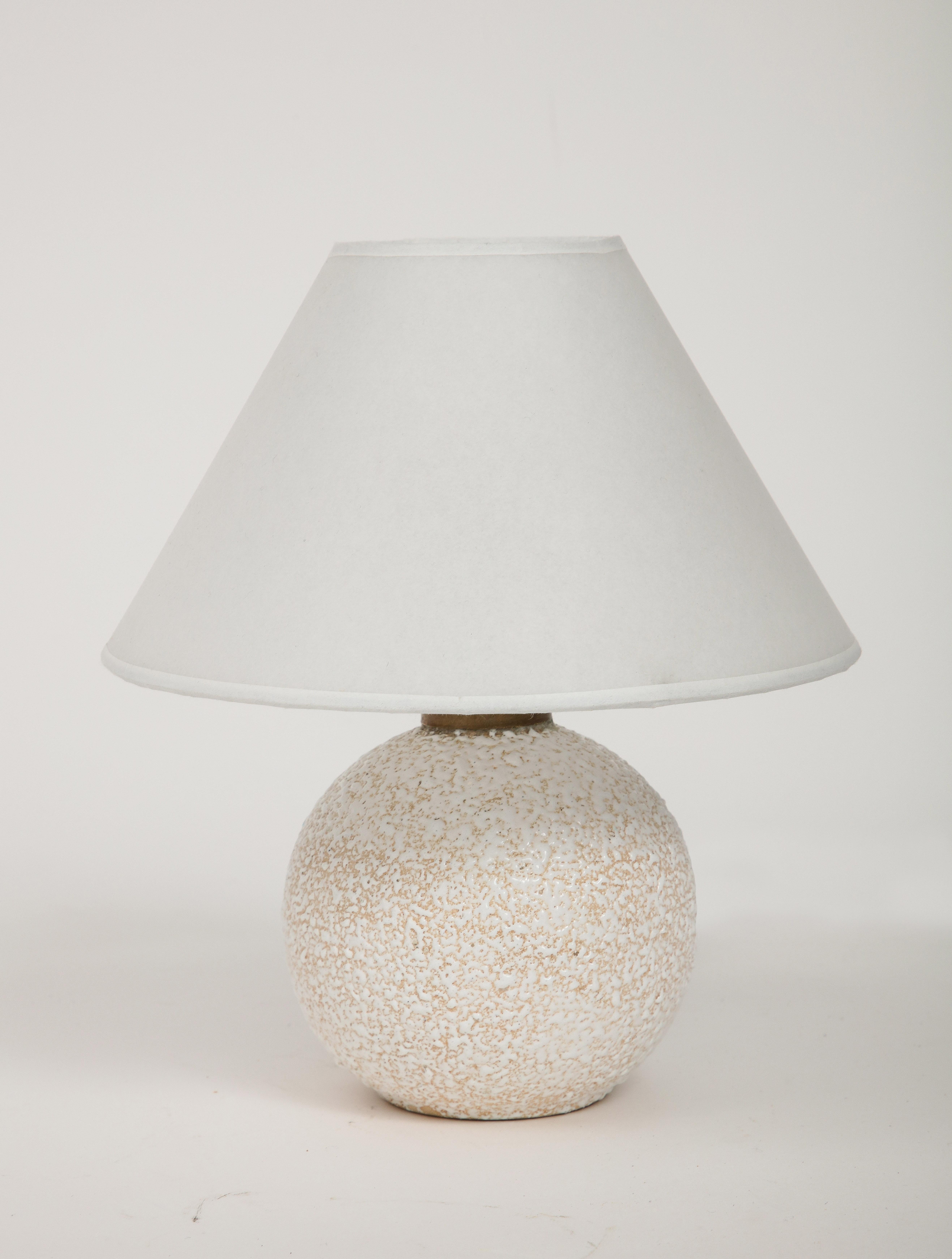 French white on white ceramic lamp, 1925, custom parchment shade.

Most are brown with white, this one is white on white.