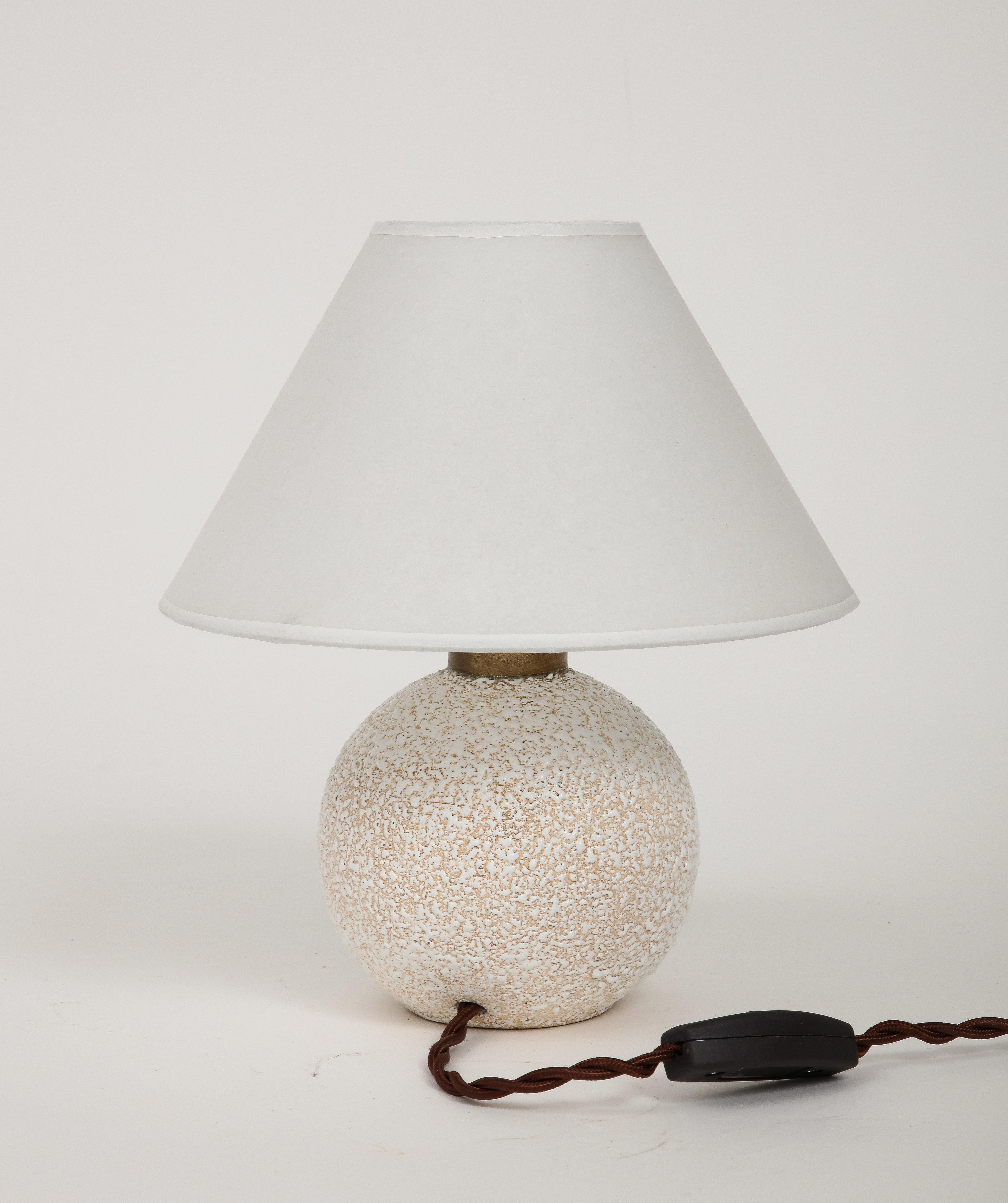 Early 20th Century French White on White Ceramic Lamp, 1925, Custom Parchment Shade