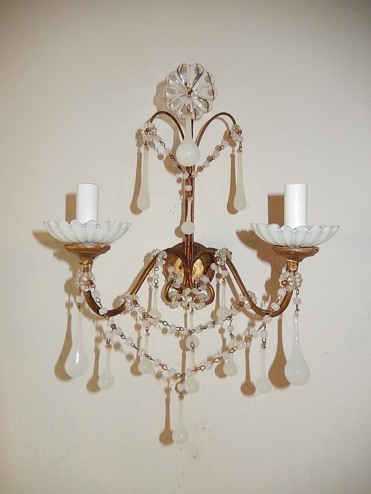 Early 20th Century French White Opaline Beads Beaded Sconces, circa 1920