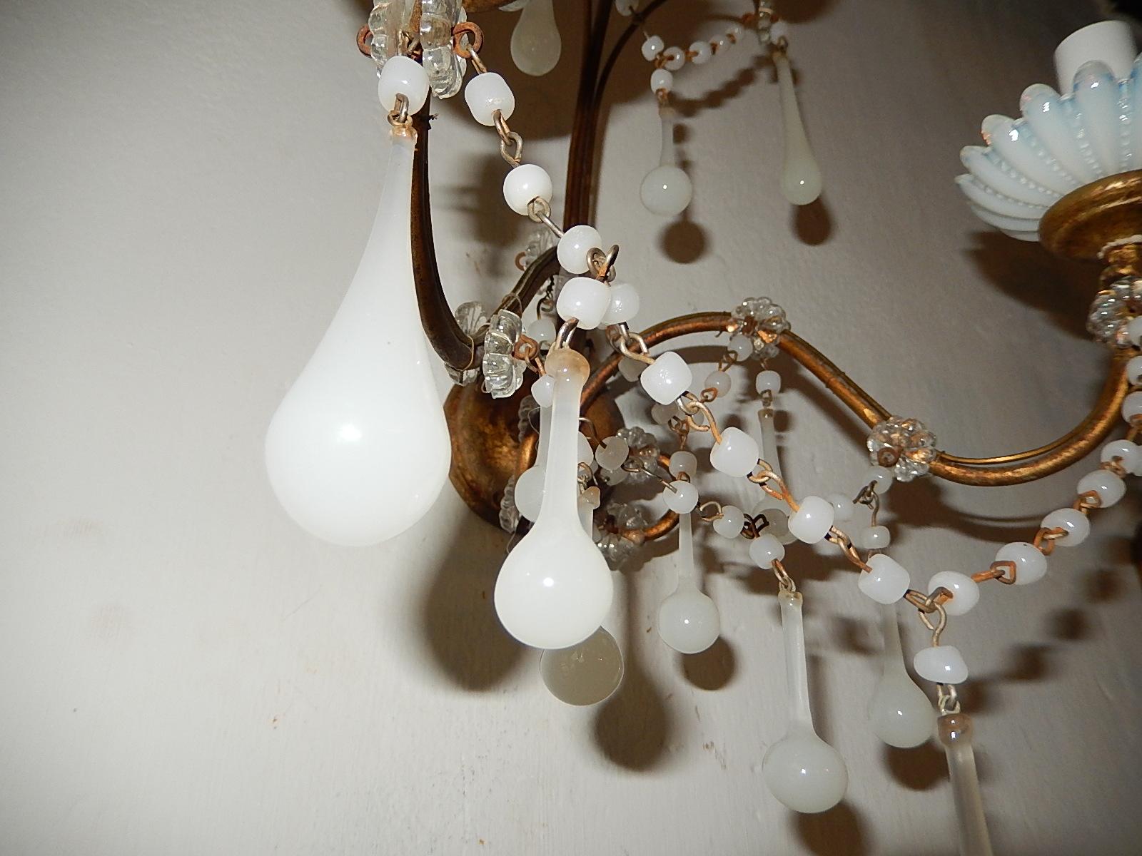 Crystal French White Opaline Beads Beaded Sconces, circa 1920