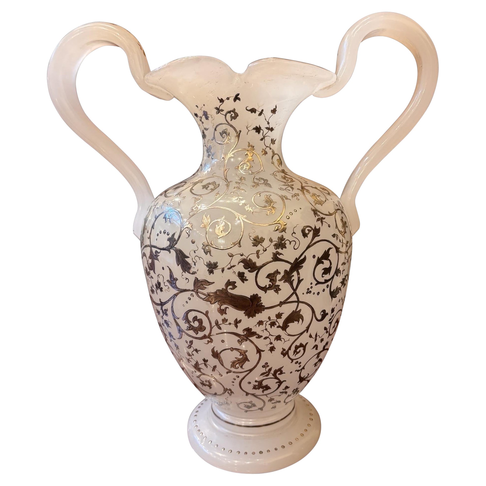 French White Opaline Ewer with Silver Decoration, Napoleon III, 19th Century For Sale