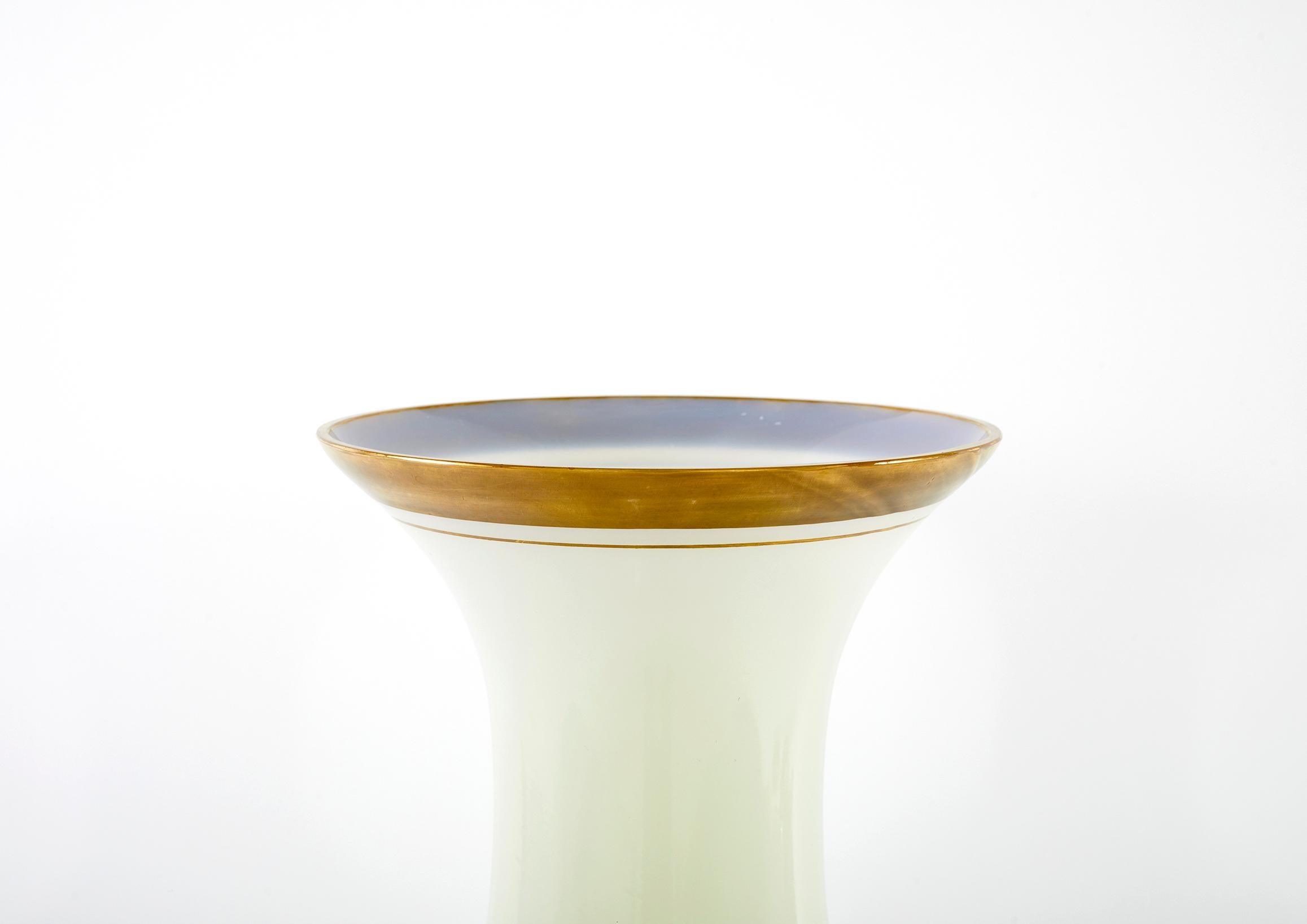 Hand-Painted French White Opaline / Gilt Decorative Vase For Sale