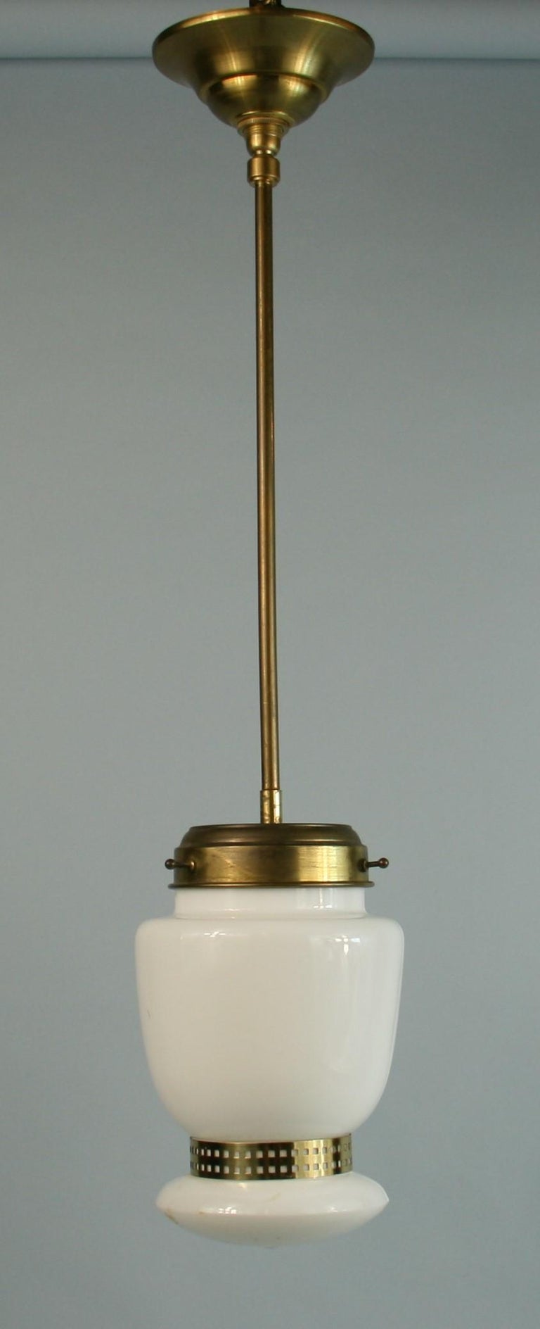 French White Opaline Glass and Brass Pendant In Good Condition For Sale In Douglas Manor, NY