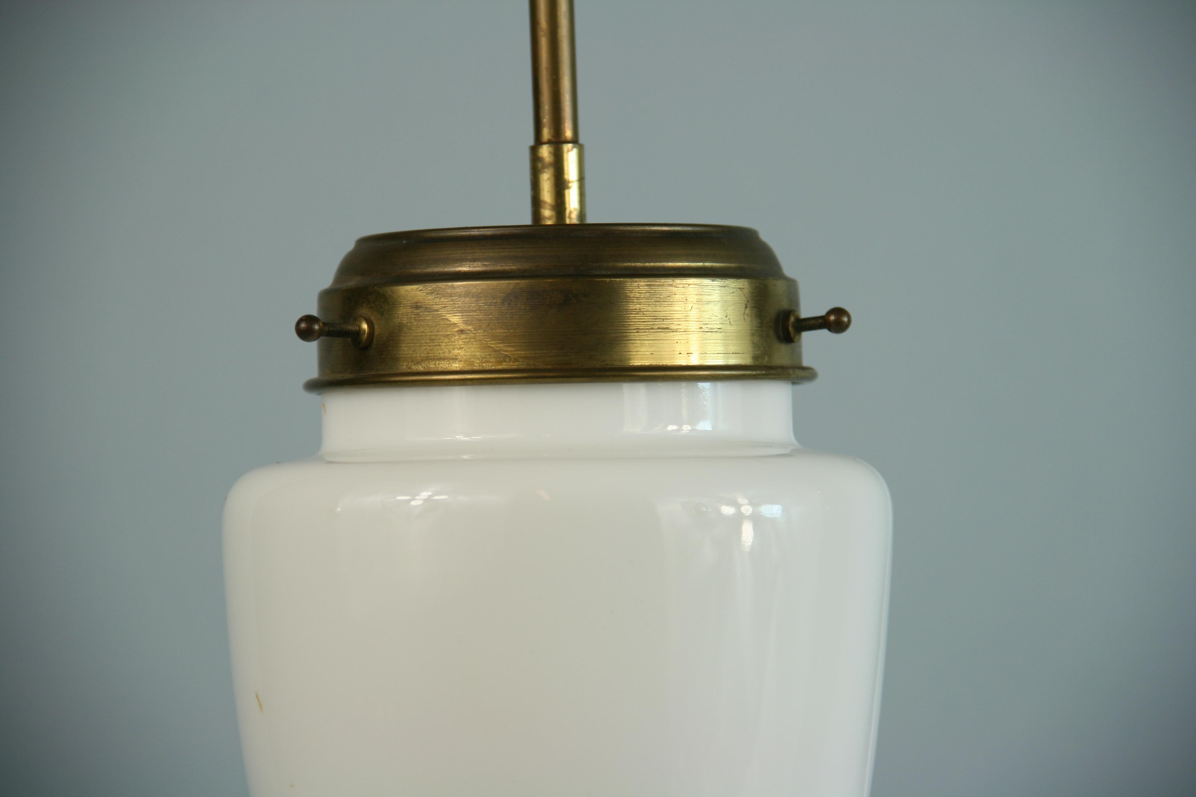 French White Opaline Glass and Brass Pendant For Sale 1