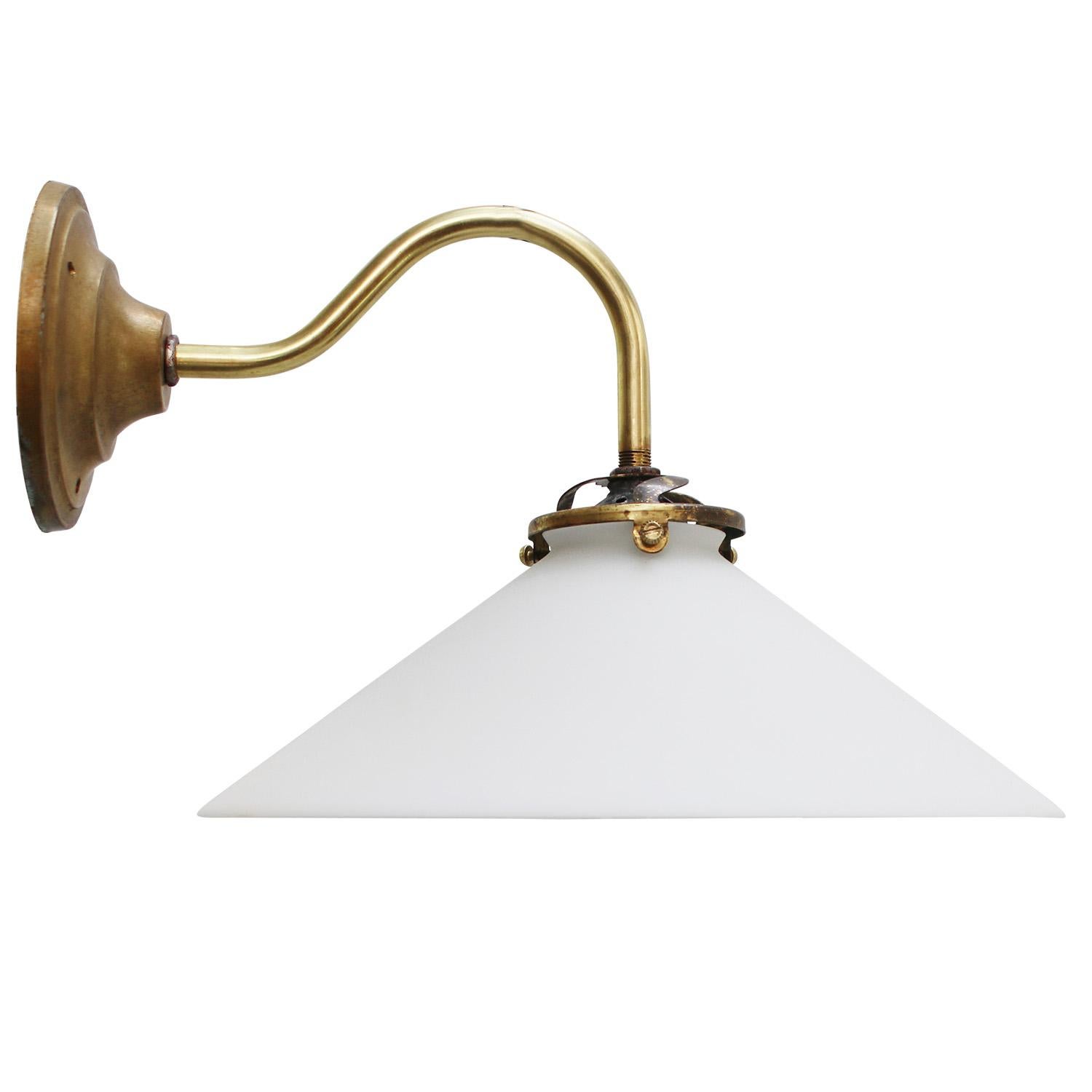 French wall lamp
White opaline shade
Brass wall piece and arm

diameter brass wall mount: 10 cm, 3 holes to secure

Weight: 0.30 kg / 0.7 lb

Priced per individual item. All lamps have been made suitable by international standards for incandescent