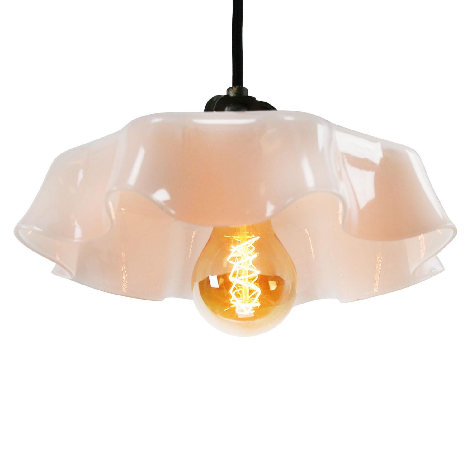 French opaline glass industrial pendant.

Weight 1.50 kg / 3.3 lb

Priced per individual item. All lamps have been made suitable by international standards for incandescent light bulbs, energy-efficient and LED bulbs. E26/E27 bulb holders and new