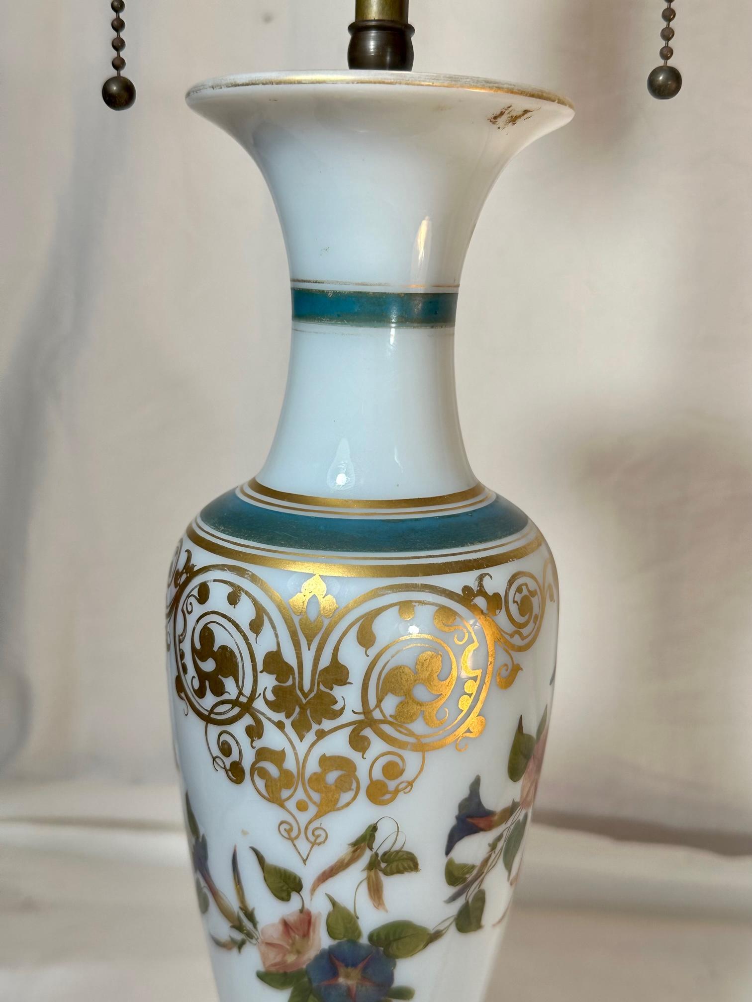 Hand-Painted French White Opaline Glass Vase Lamp Attributed to Baccarat. For Sale