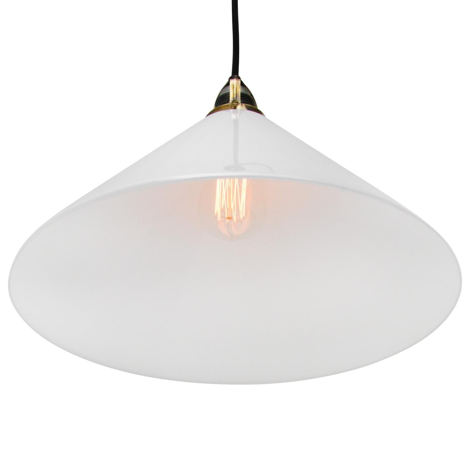Extra large French opaline glass industrial pendant.
2 meter black cotton wire

Weight 1.28 kg / 2.8 lb

Priced per individual item. All lamps have been made suitable by international standards for incandescent light bulbs, energy-efficient and