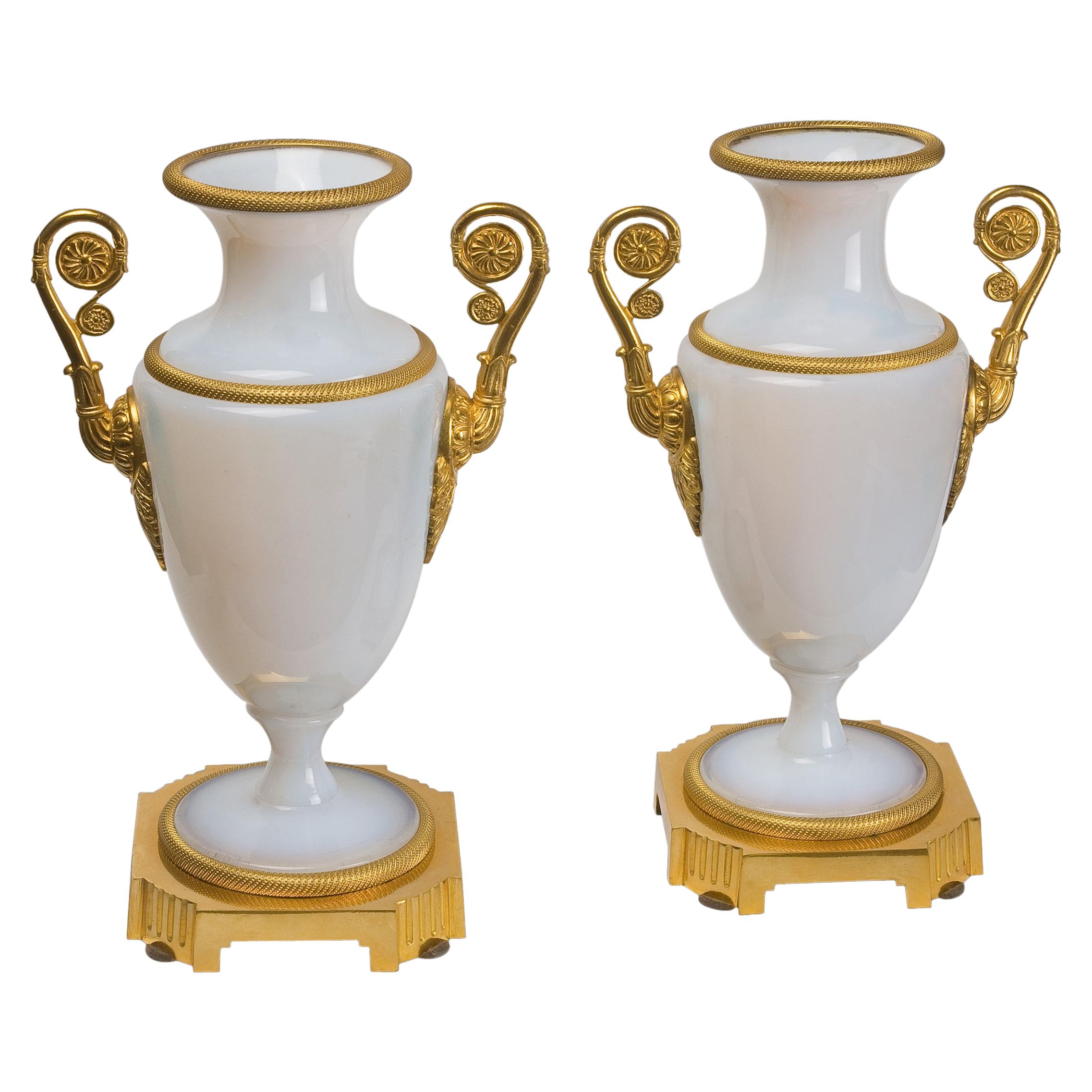 French White Opaline Vases, with Gilt Bronze Mounts, Charles X Period For Sale