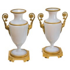 Antique French White Opaline Vases, with Gilt Bronze Mounts, Charles X Period
