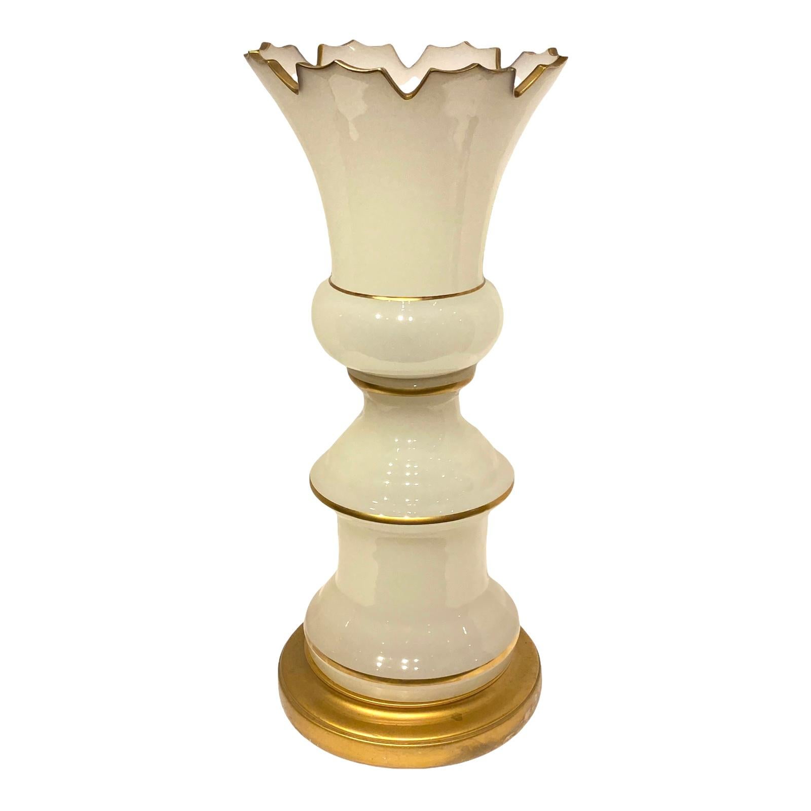 Gilt French White Opaline Glass Centerpiece Vase Mounted for Lamp