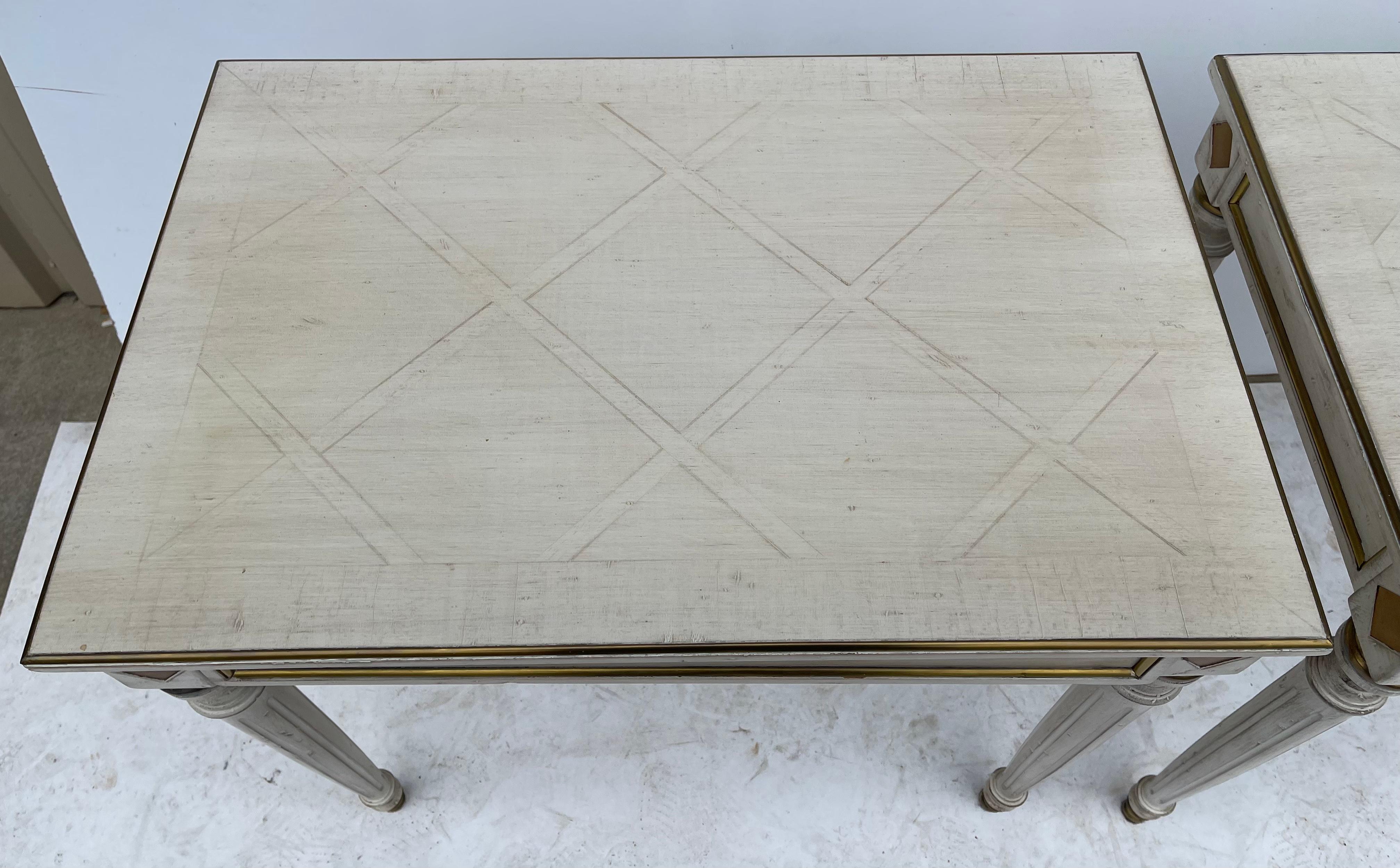 French White Painted and Gilt Side Tables with Parquet Marquetry Tops-Pair 4