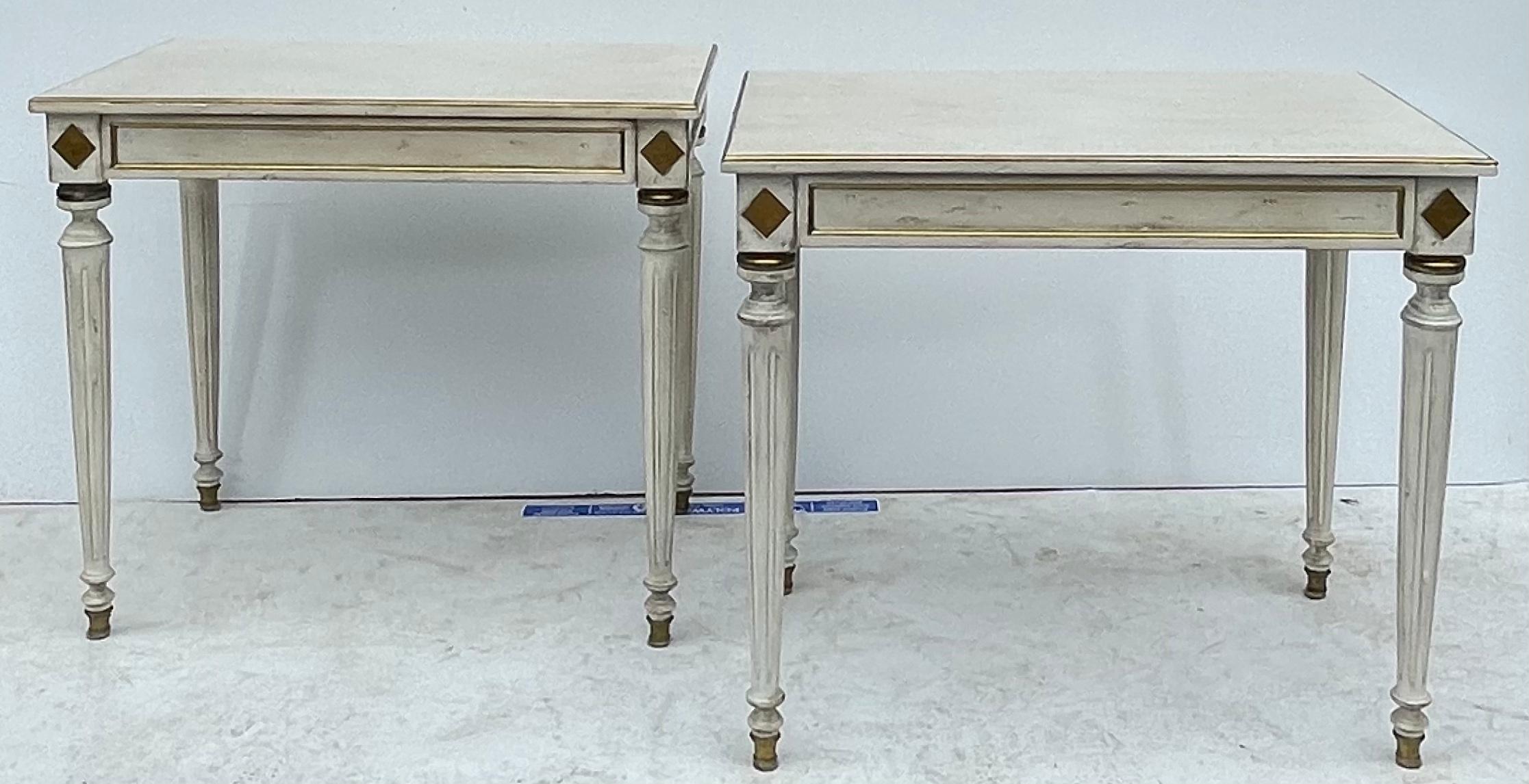 Directoire French White Painted and Gilt Side Tables with Parquet Marquetry Tops-Pair