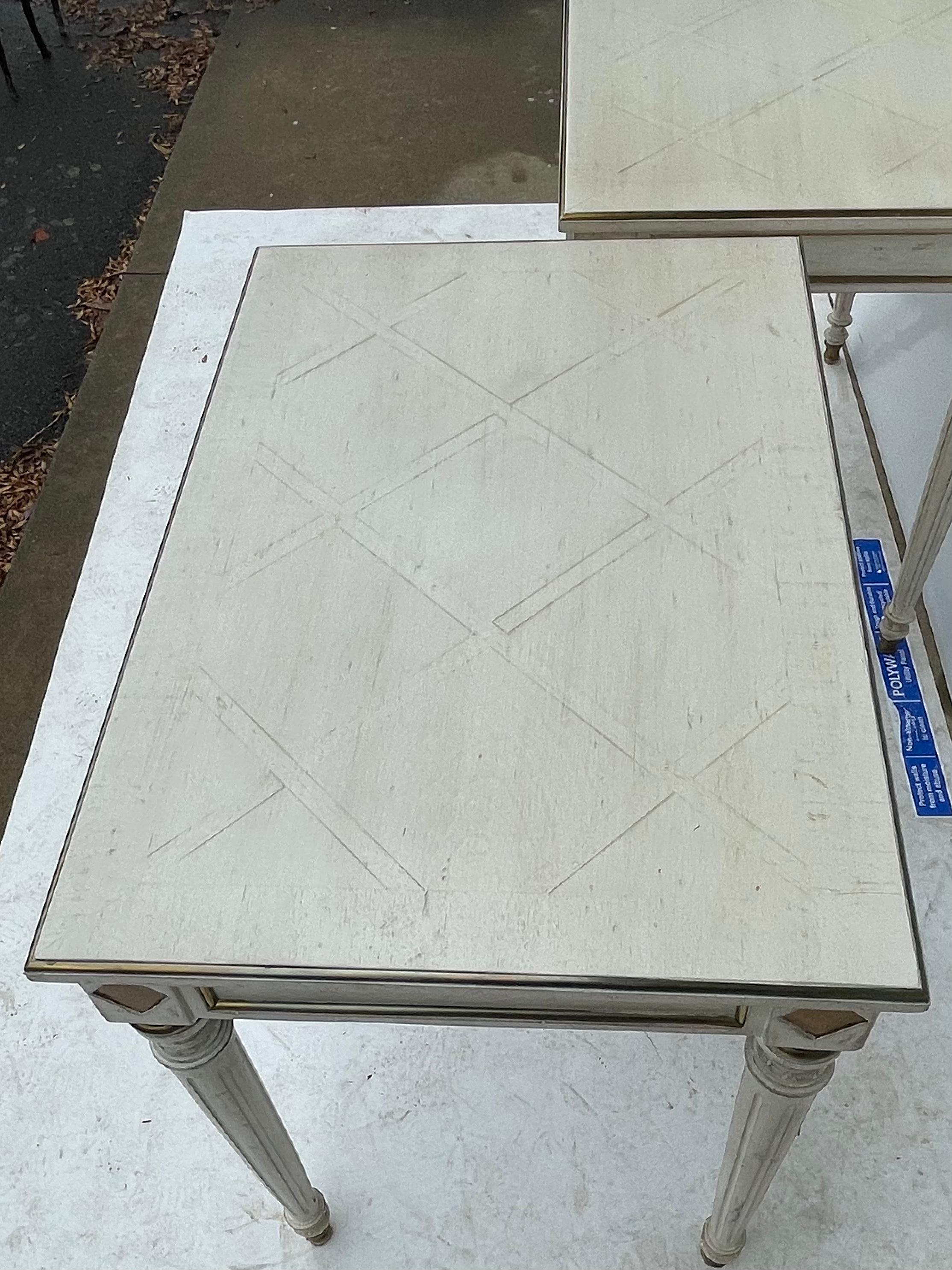 French White Painted and Gilt Side Tables with Parquet Marquetry Tops-Pair In Good Condition In Kennesaw, GA