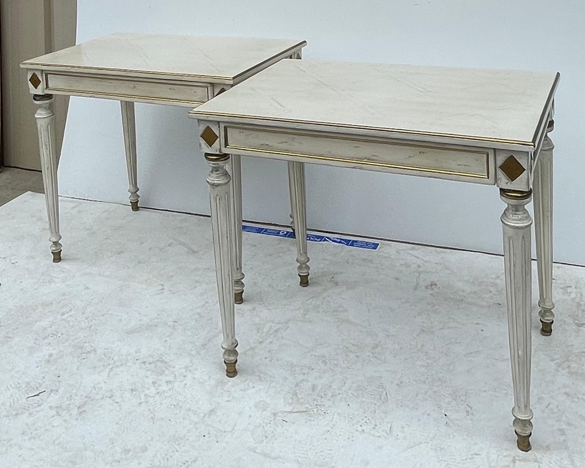 20th Century French White Painted and Gilt Side Tables with Parquet Marquetry Tops-Pair