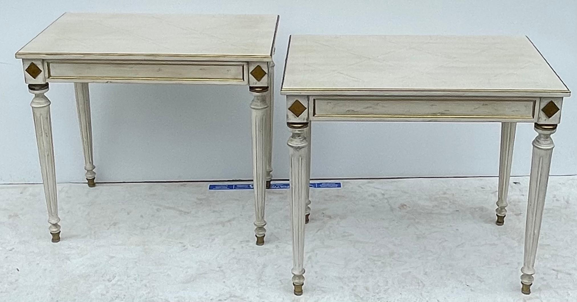 French White Painted and Gilt Side Tables with Parquet Marquetry Tops-Pair 1
