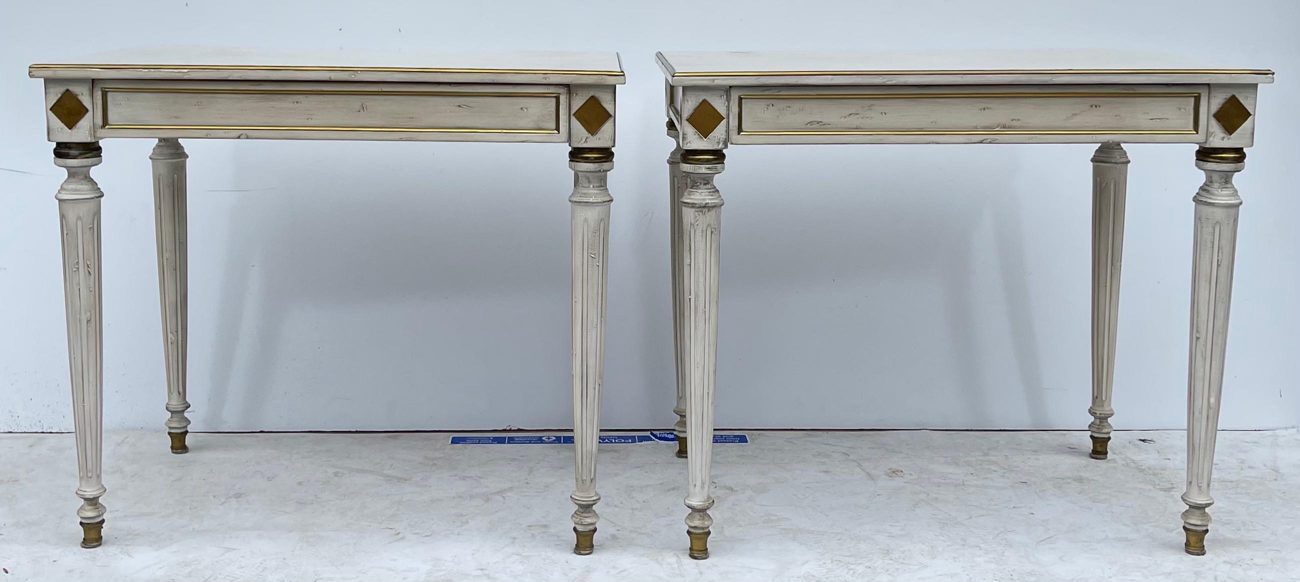 French White Painted and Gilt Side Tables with Parquet Marquetry Tops-Pair 3