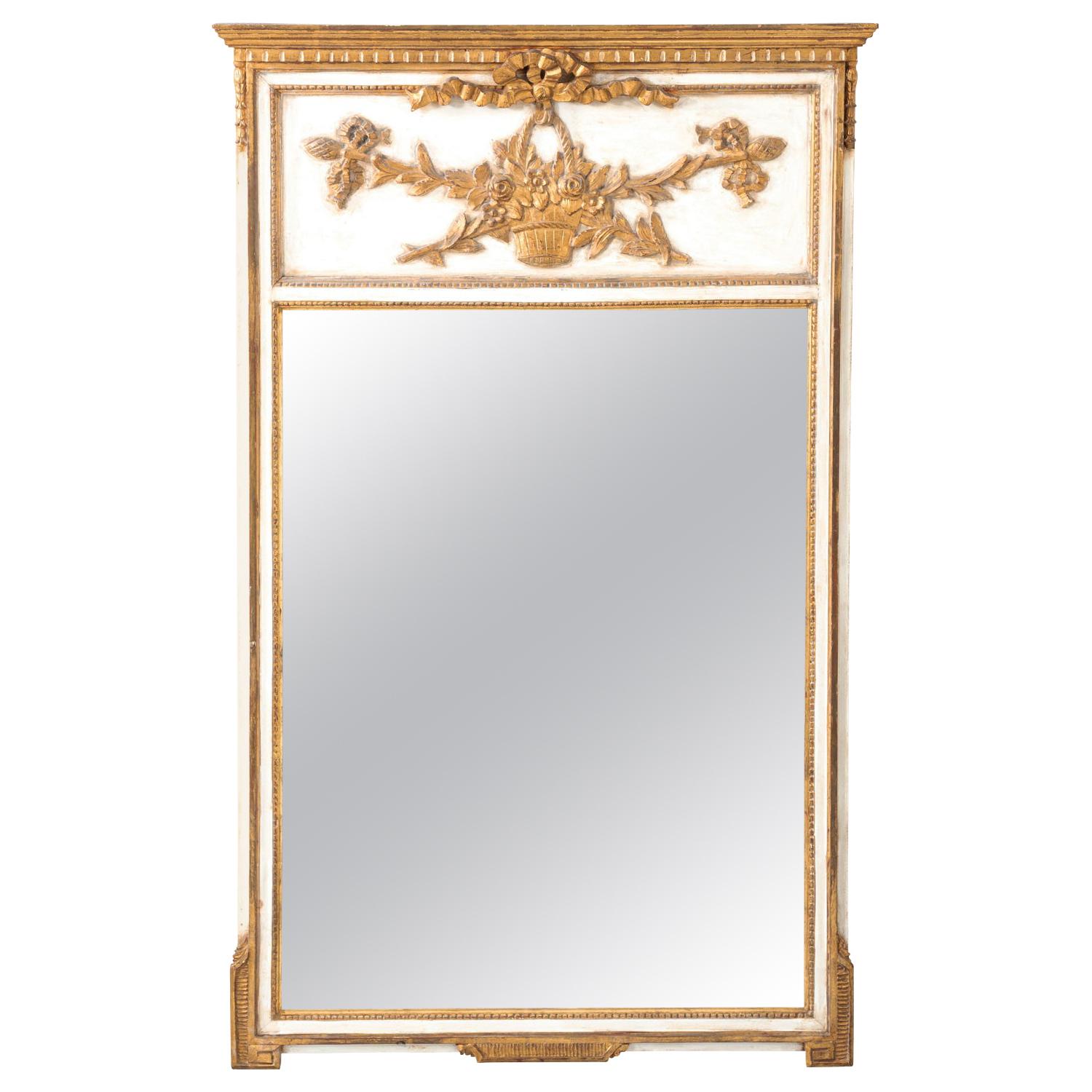 French White Painted Giltwood Trumeau Mirror