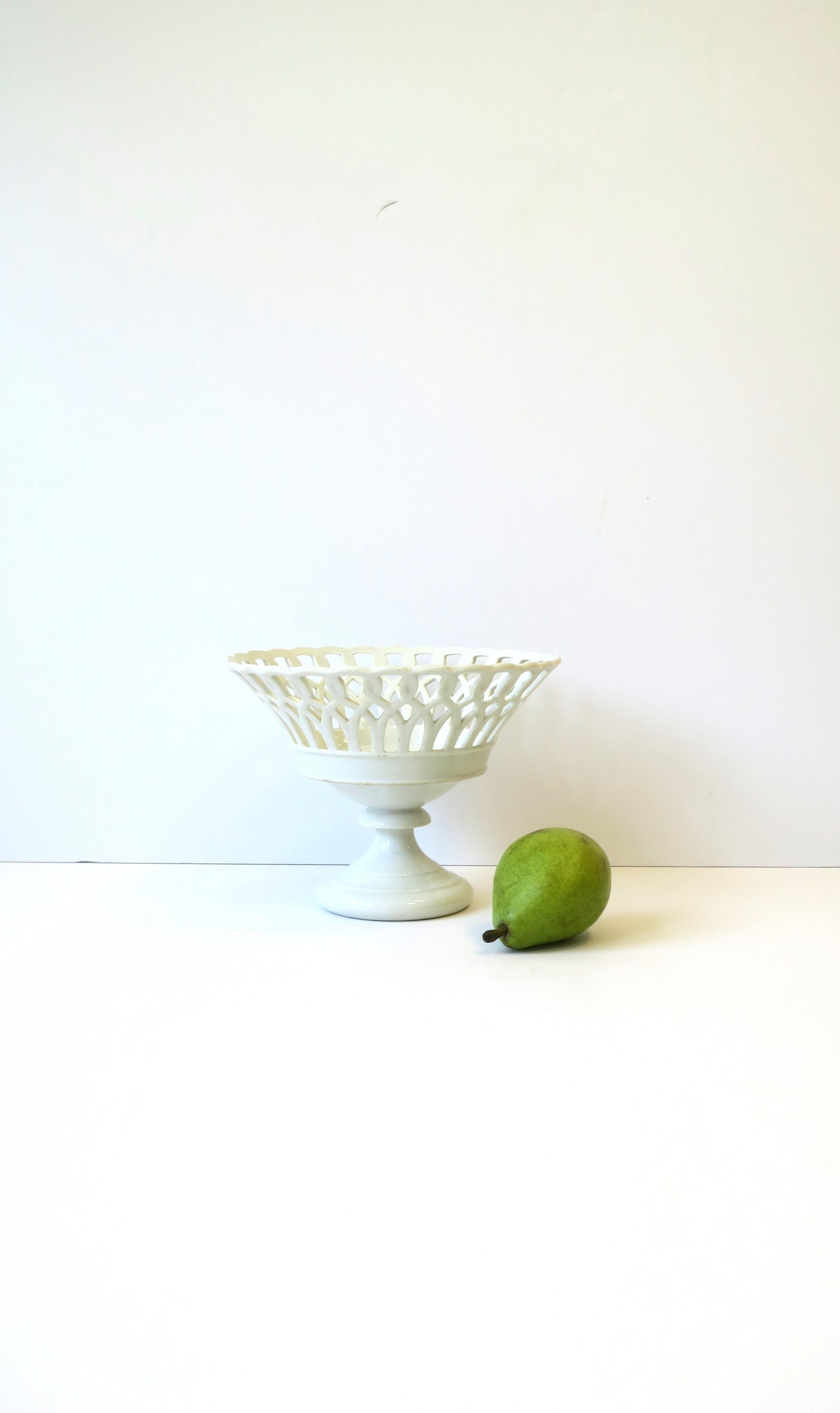 Glazed French White Pierced Porcelain Compote Basket Centerpiece Bowl