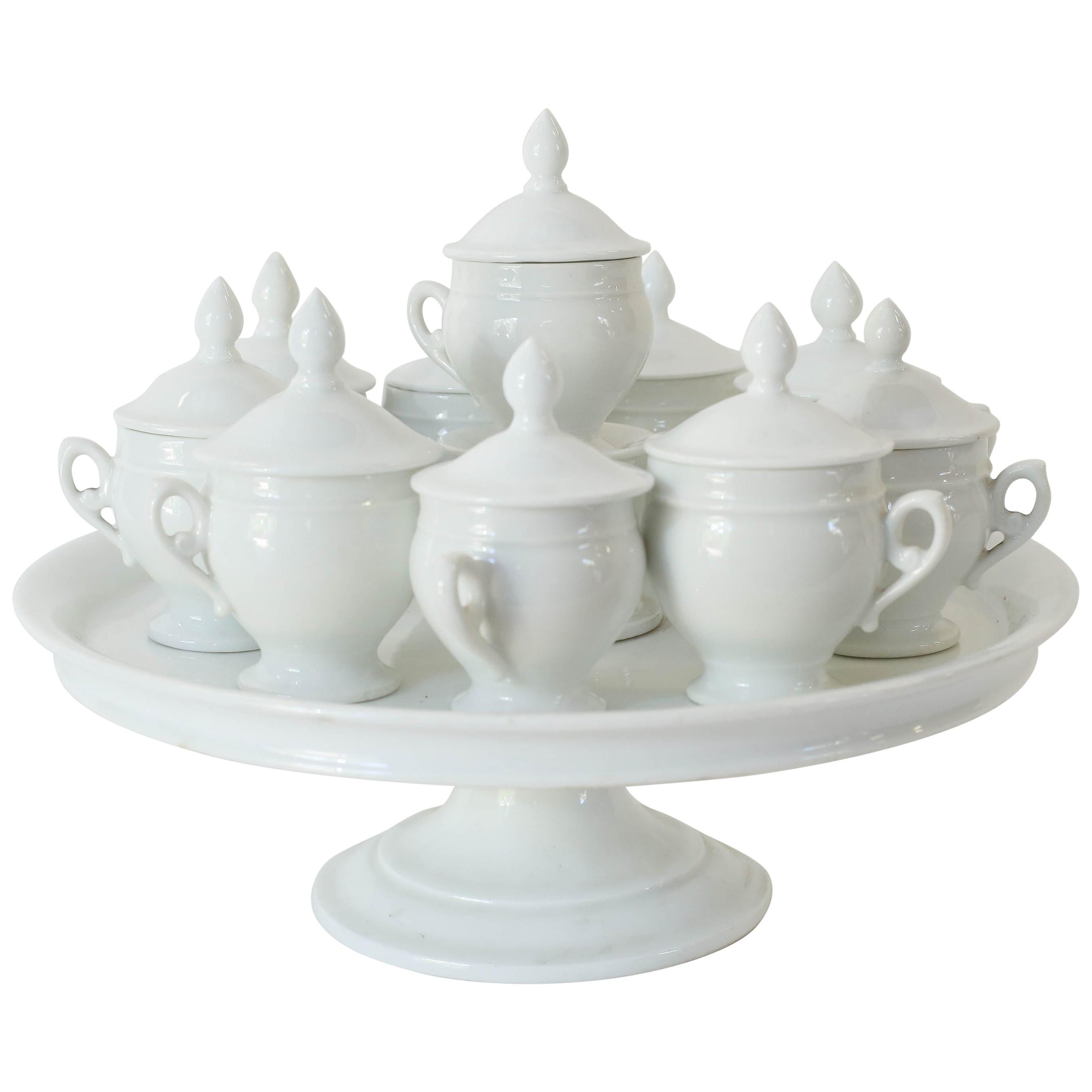 French White Pots de Creme Set, Cups with Tiered Stand