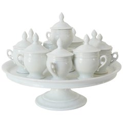 Antique French White Pots de Creme Set, Cups with Tiered Stand