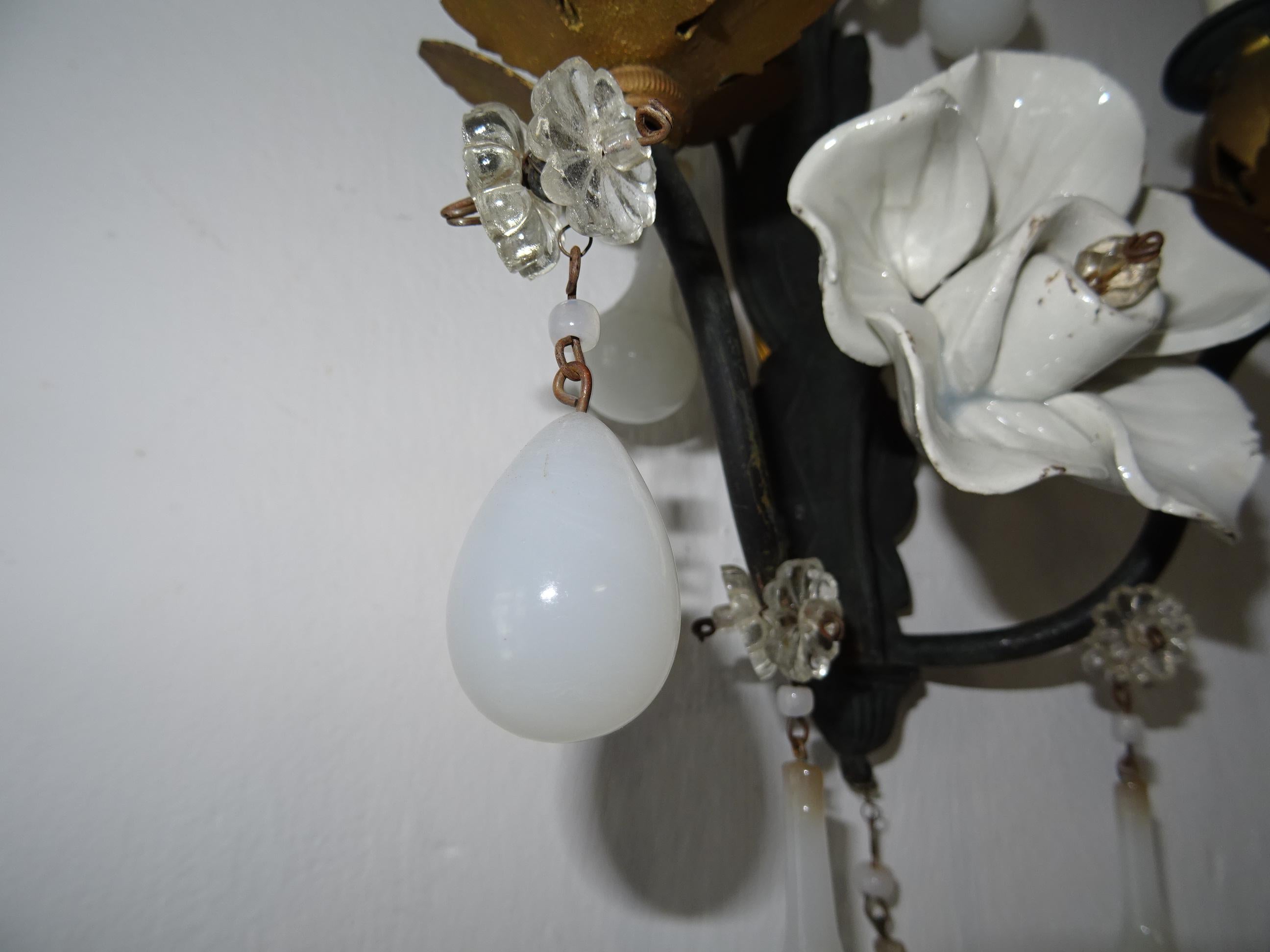French White Rose Flower Murano Opaline Drops Bronze Sconces, circa 1920 For Sale 5