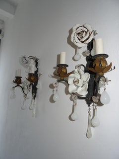 French White Rose Flower Murano Opaline Drops Bronze Sconces, circa 1920