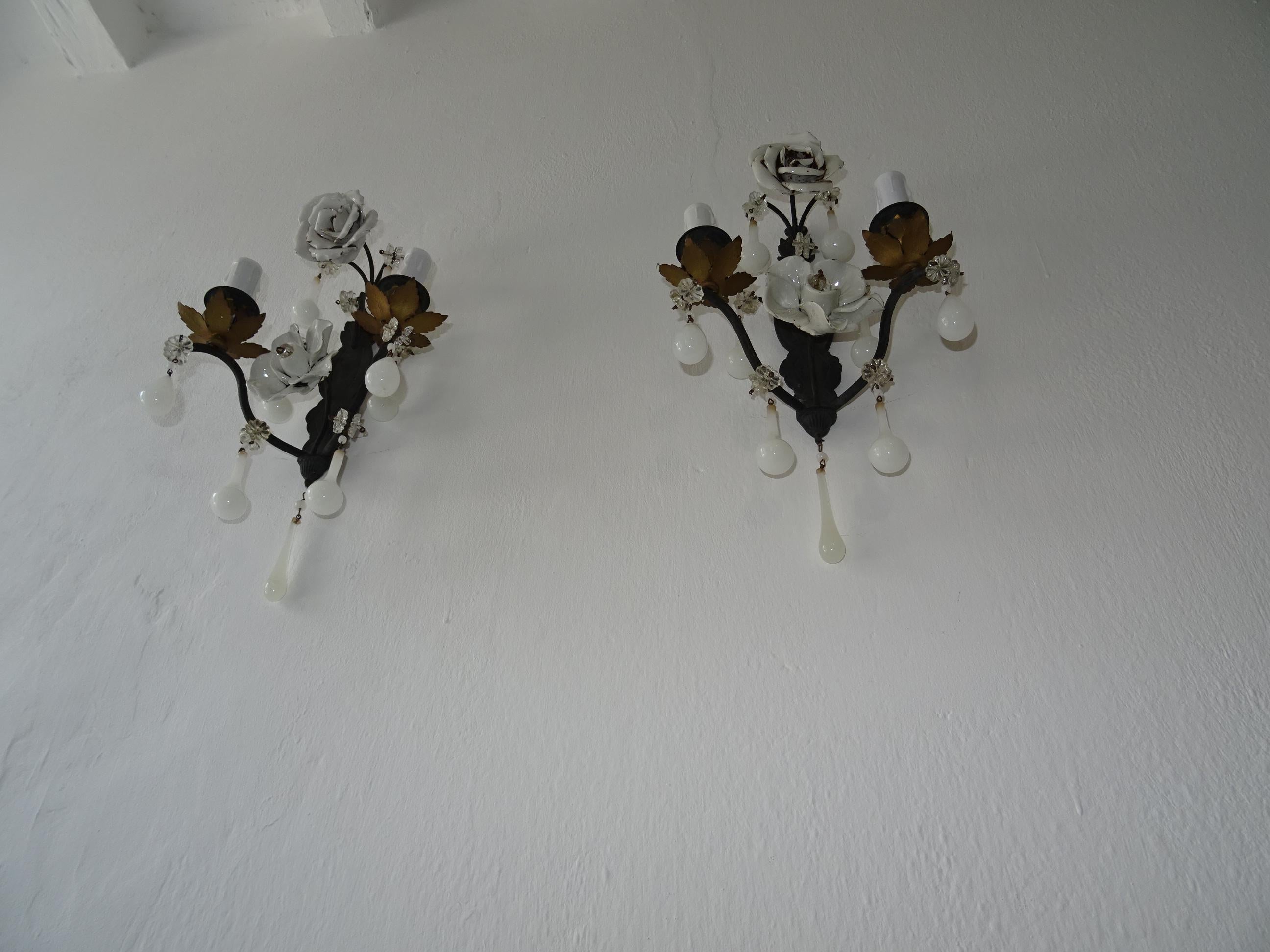 Early 20th Century French White Rose Flower Murano Opaline Drops Bronze Sconces, circa 1920