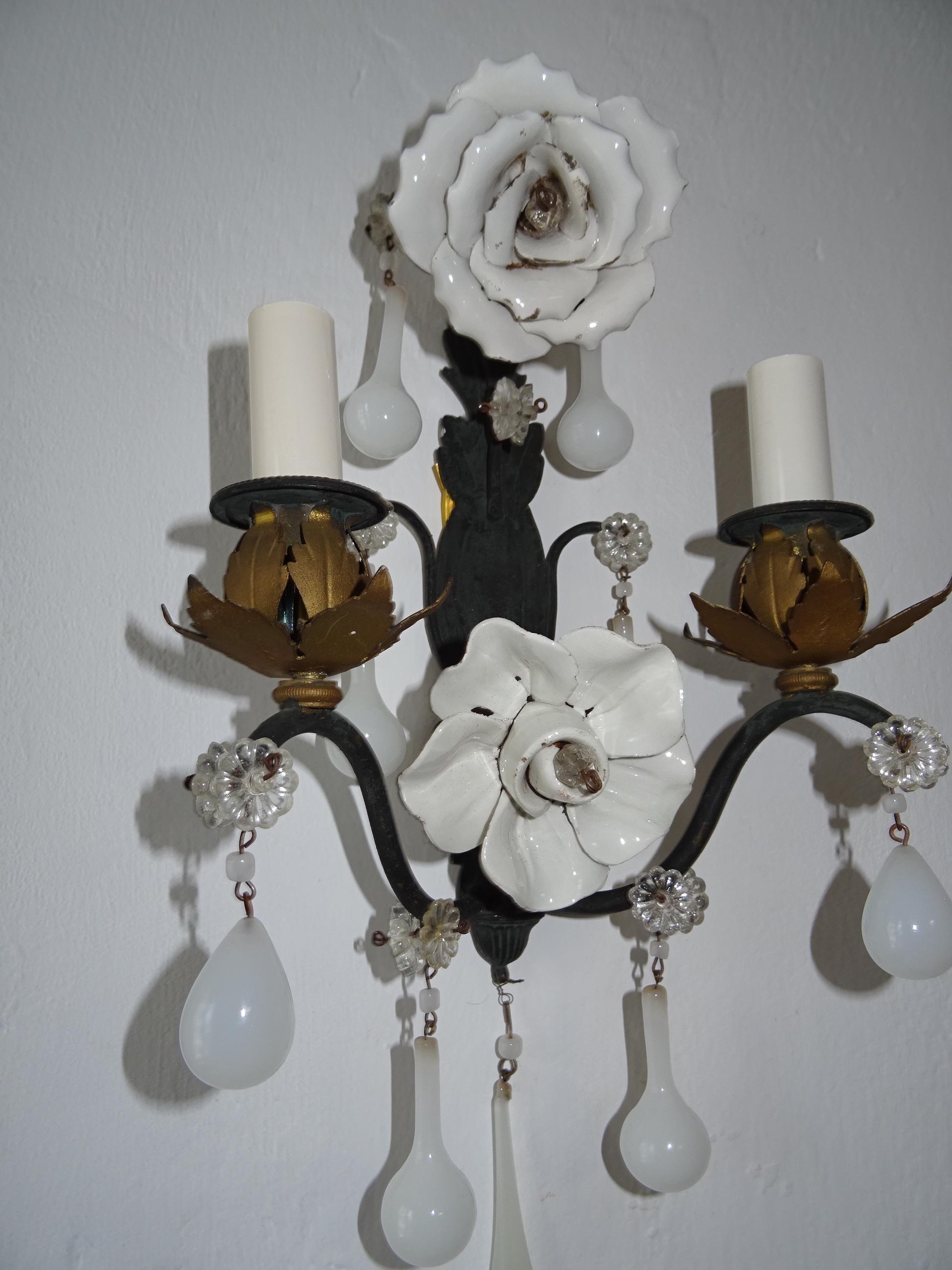 Early 20th Century French White Rose Flower Murano Opaline Drops Bronze Sconces, circa 1920 For Sale