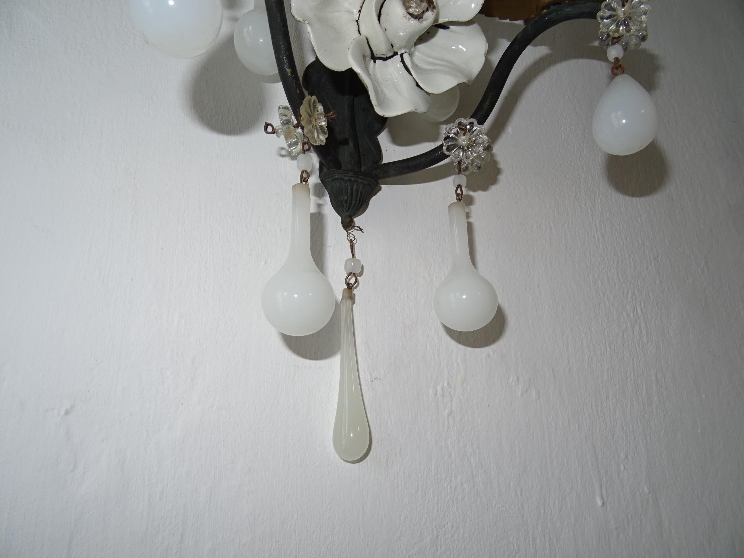 Porcelain French White Rose Flower Murano Opaline Drops Bronze Sconces, circa 1920 For Sale