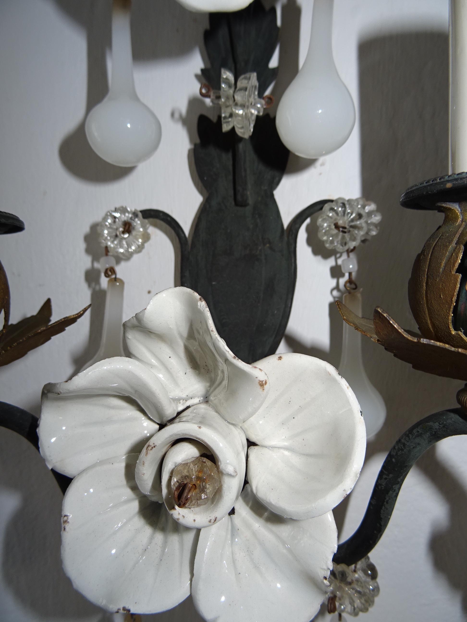 French White Rose Flower Murano Opaline Drops Bronze Sconces, circa 1920 For Sale 1