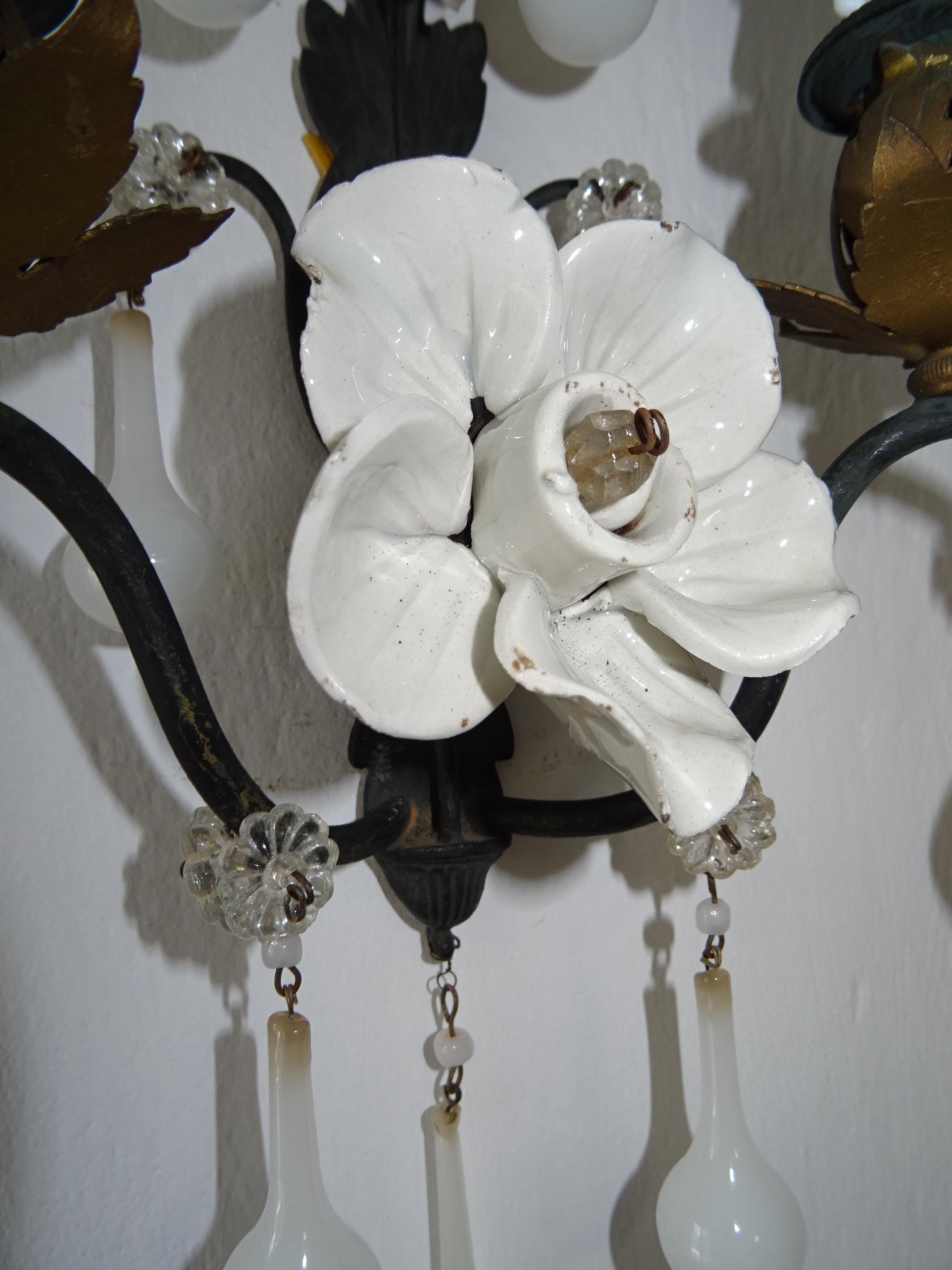 French White Rose Flower Murano Opaline Drops Bronze Sconces, circa 1920 3
