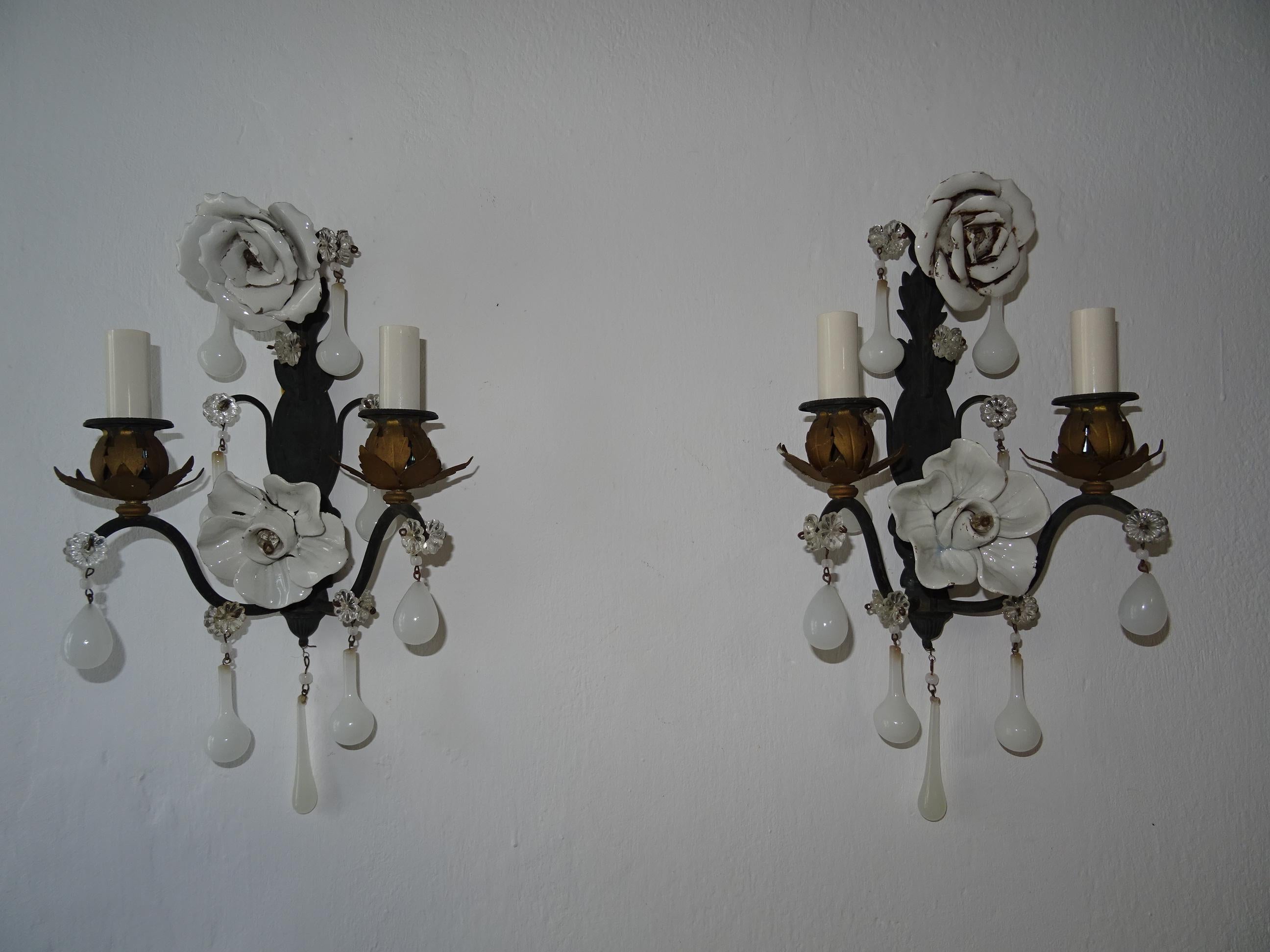 French White Rose Flower Murano Opaline Drops Bronze Sconces, circa 1920 For Sale 2