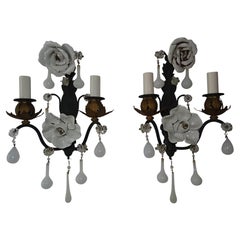 French White Rose Flower Murano Opaline Drops Bronze Sconces, circa 1920