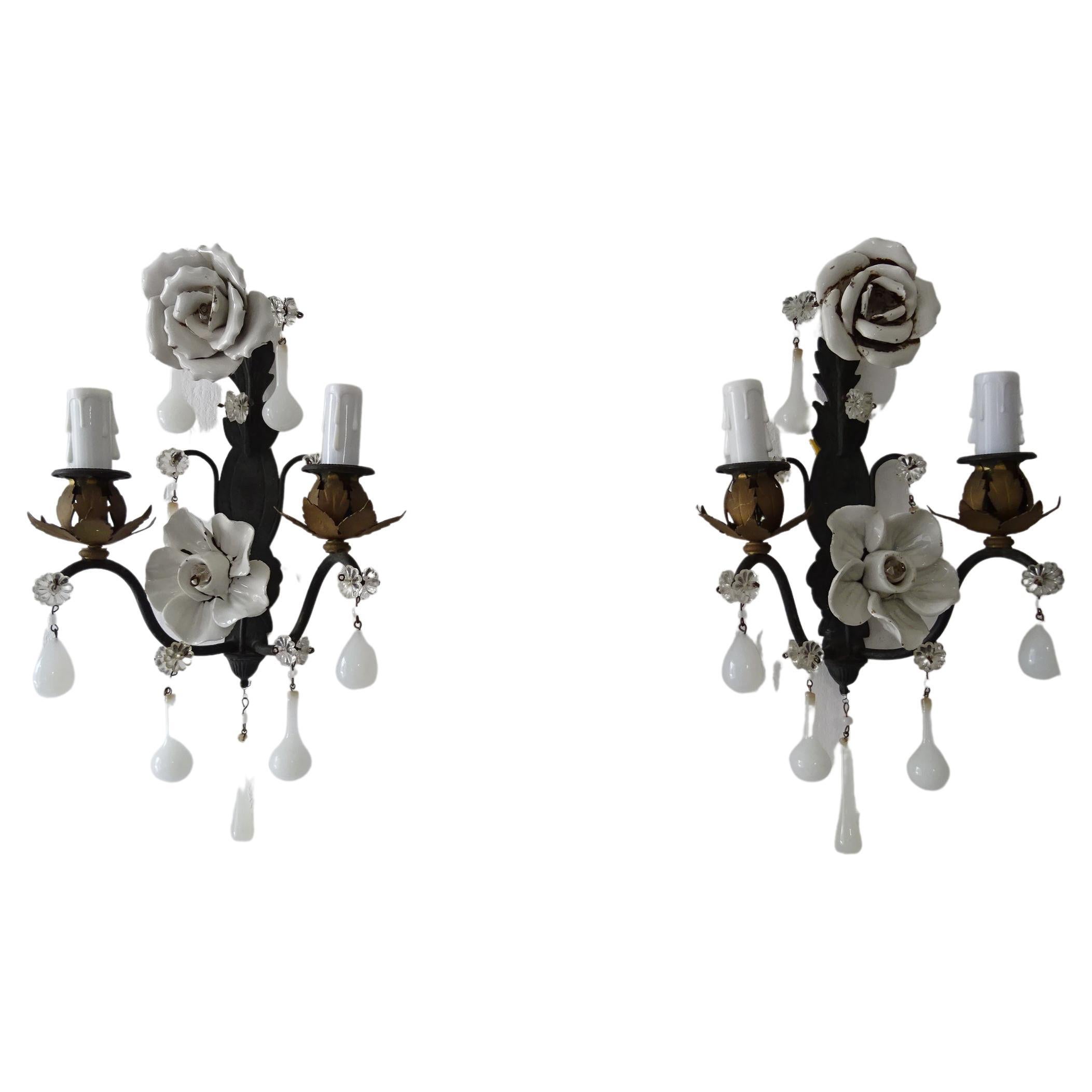 Bronze Murano Iridescent Drops Crystal French Sconces, circa 1900 For