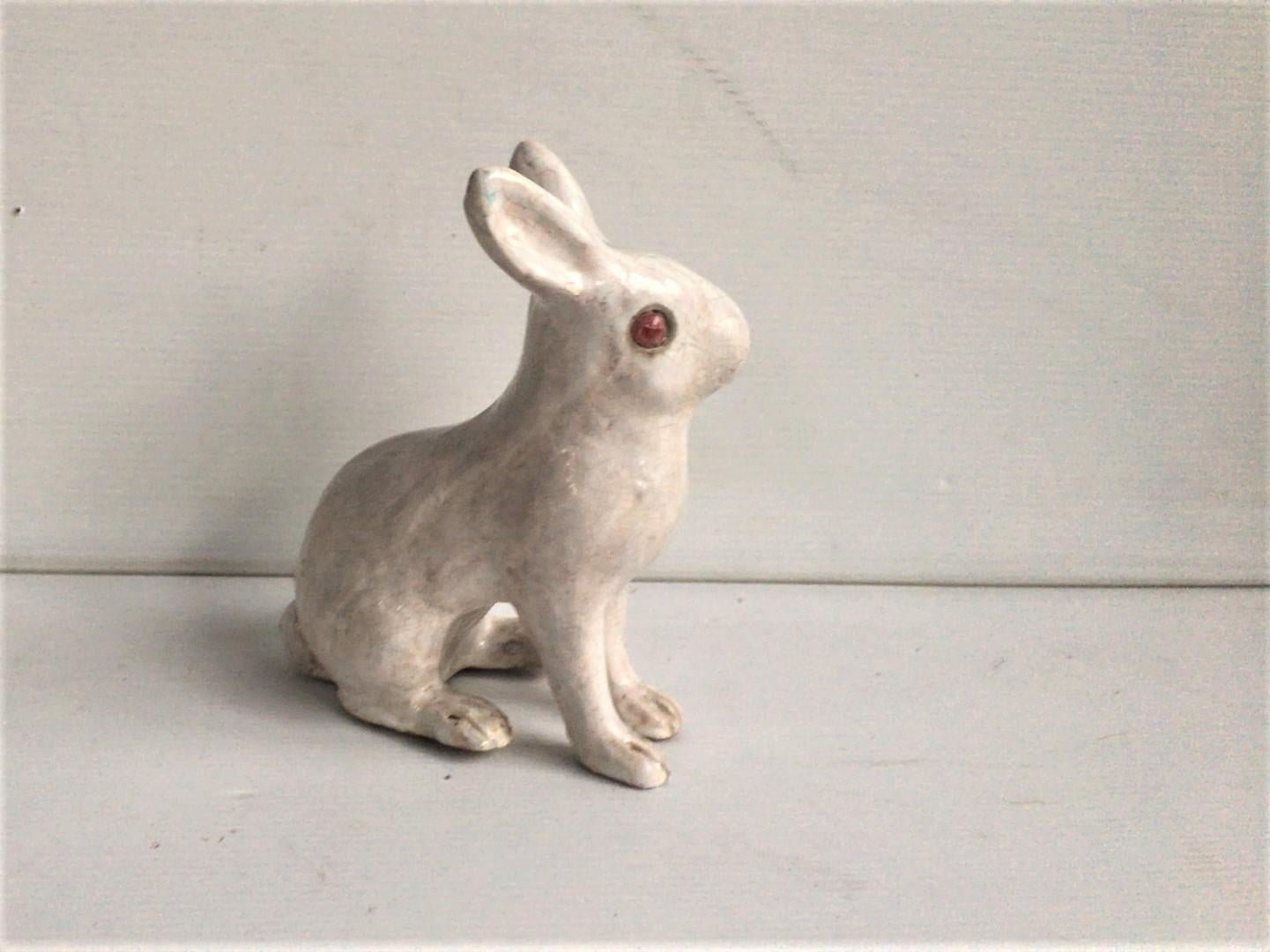 Rustic French White Terracotta Majolica Rabbit Bavent, circa 1890