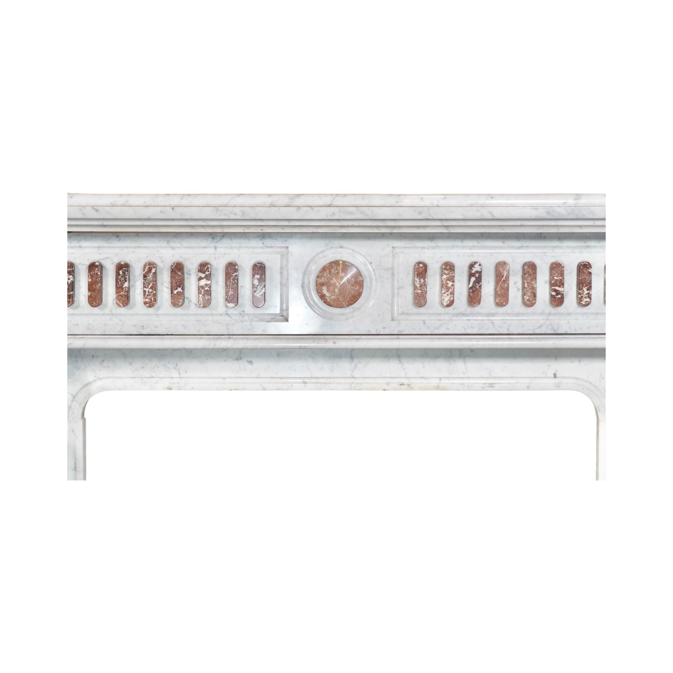 French White Veined Carrara and Royal Red Marble Mantel For Sale 2