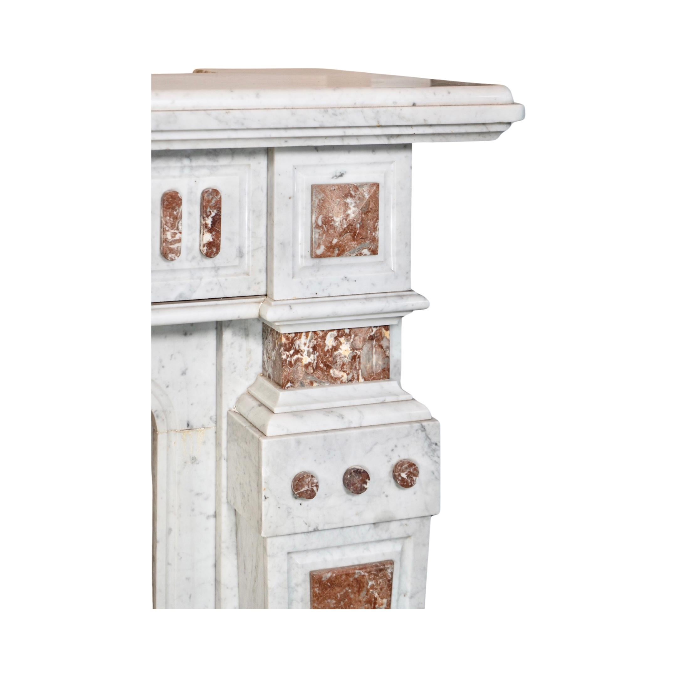 French White Veined Carrara and Royal Red Marble Mantel For Sale 4