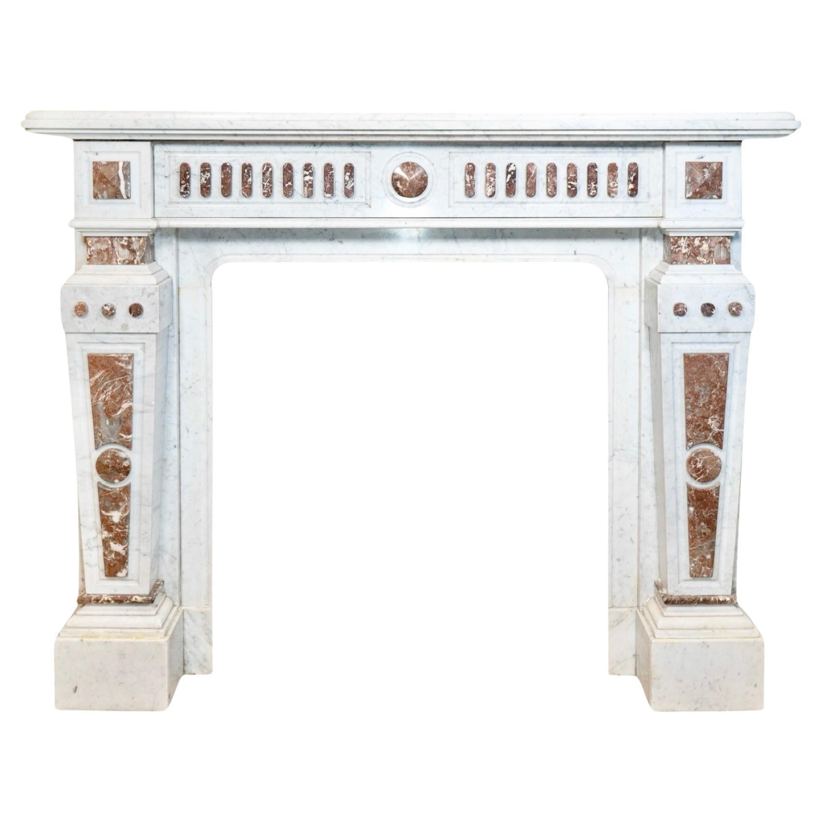 French White Veined Carrara and Royal Red Marble Mantel